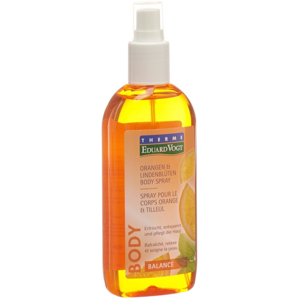 Spray pour le corps avec vaporisateur. Liquide orangé dans une bouteille. Inscription : THERME EDUARD VOGT, Orange & Tilleul.