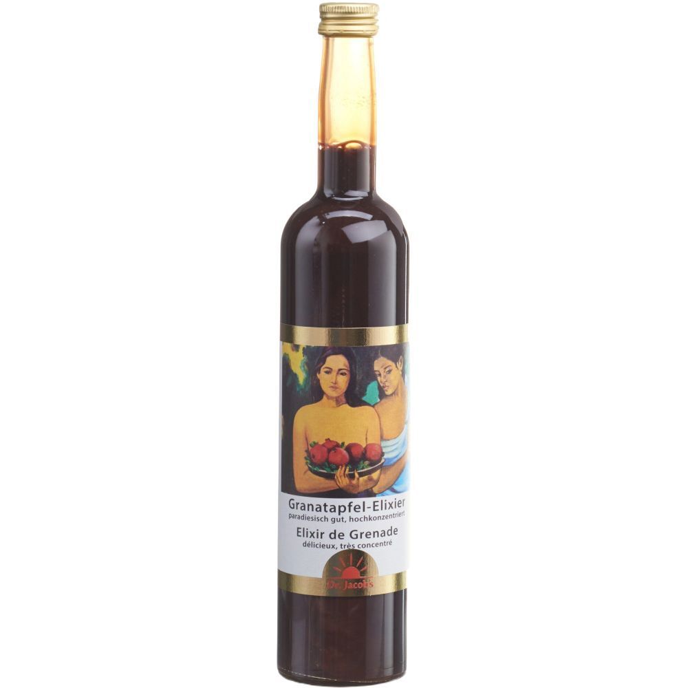 Braune Glasflasche mit goldfarbenem Verschluss. Etikett mit Abbildung und Schriftzug.