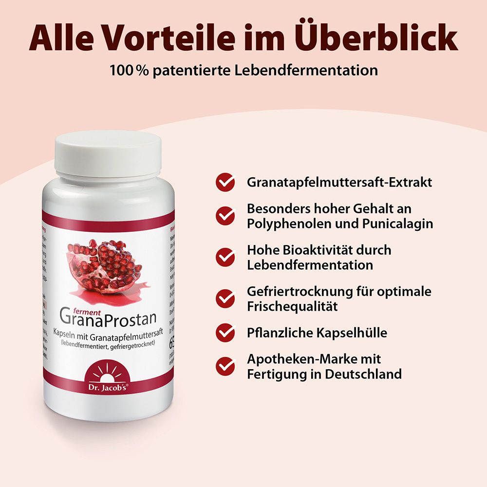 Produktflasche mit Text und Logos. Text: „Alle Vorteile im Überblick“. Logos: Granatapfel, „GanaProstan“, Dr. Jacob's.