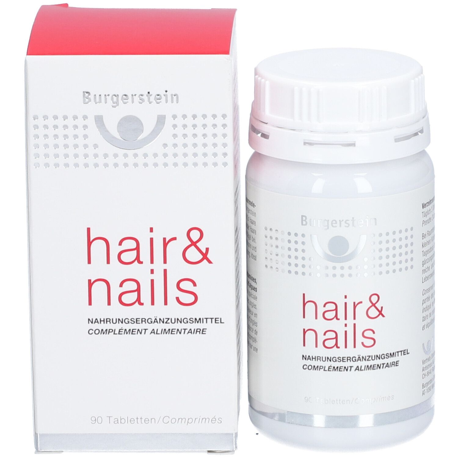 Weiße Flasche und Schachtel. Aufschrift: hair & nails, Nahrungsergänzungsmittel. Marke: Burgerstein.
