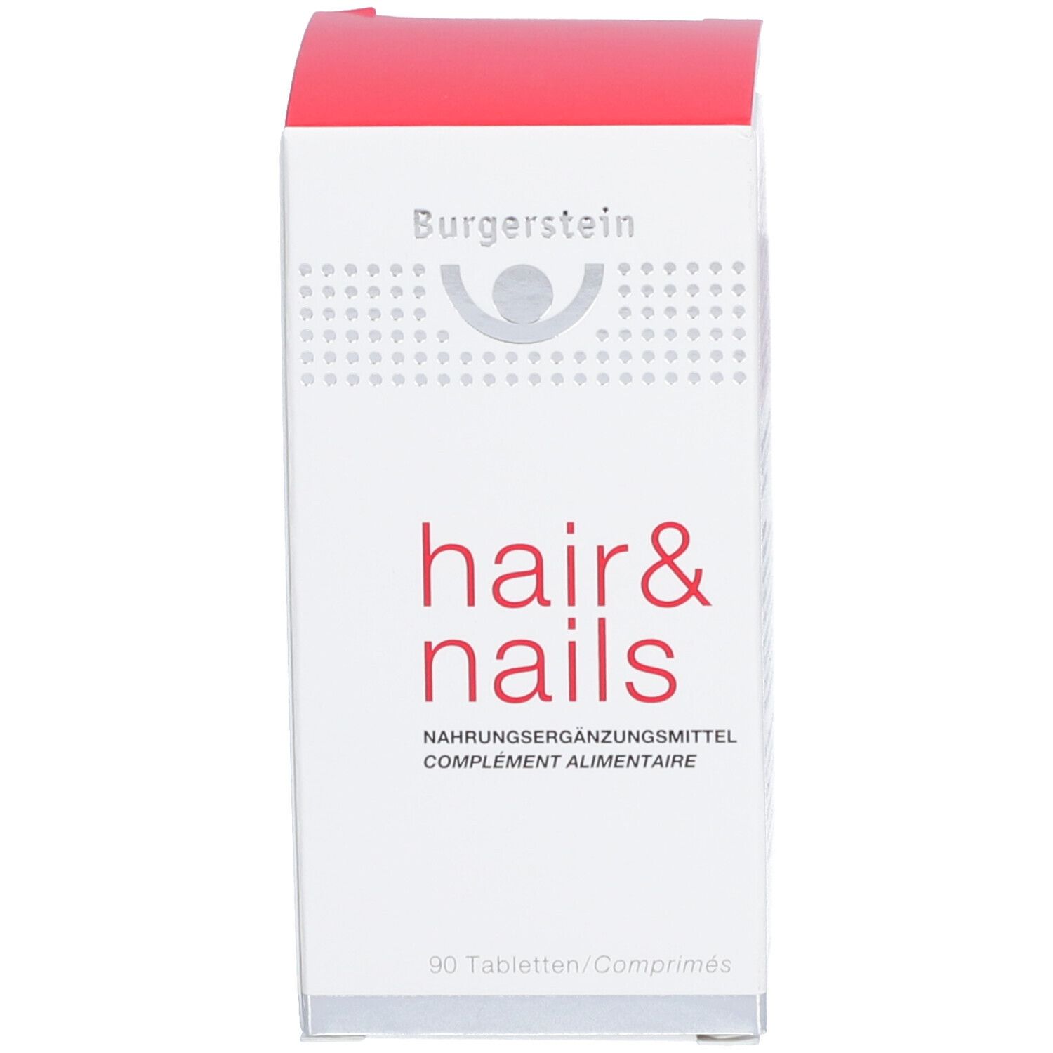 Weiße Schachtel mit rotem Deckel. Aufschrift: hair & nails, Nahrungsergänzungsmittel. Marke: Burgerstein.