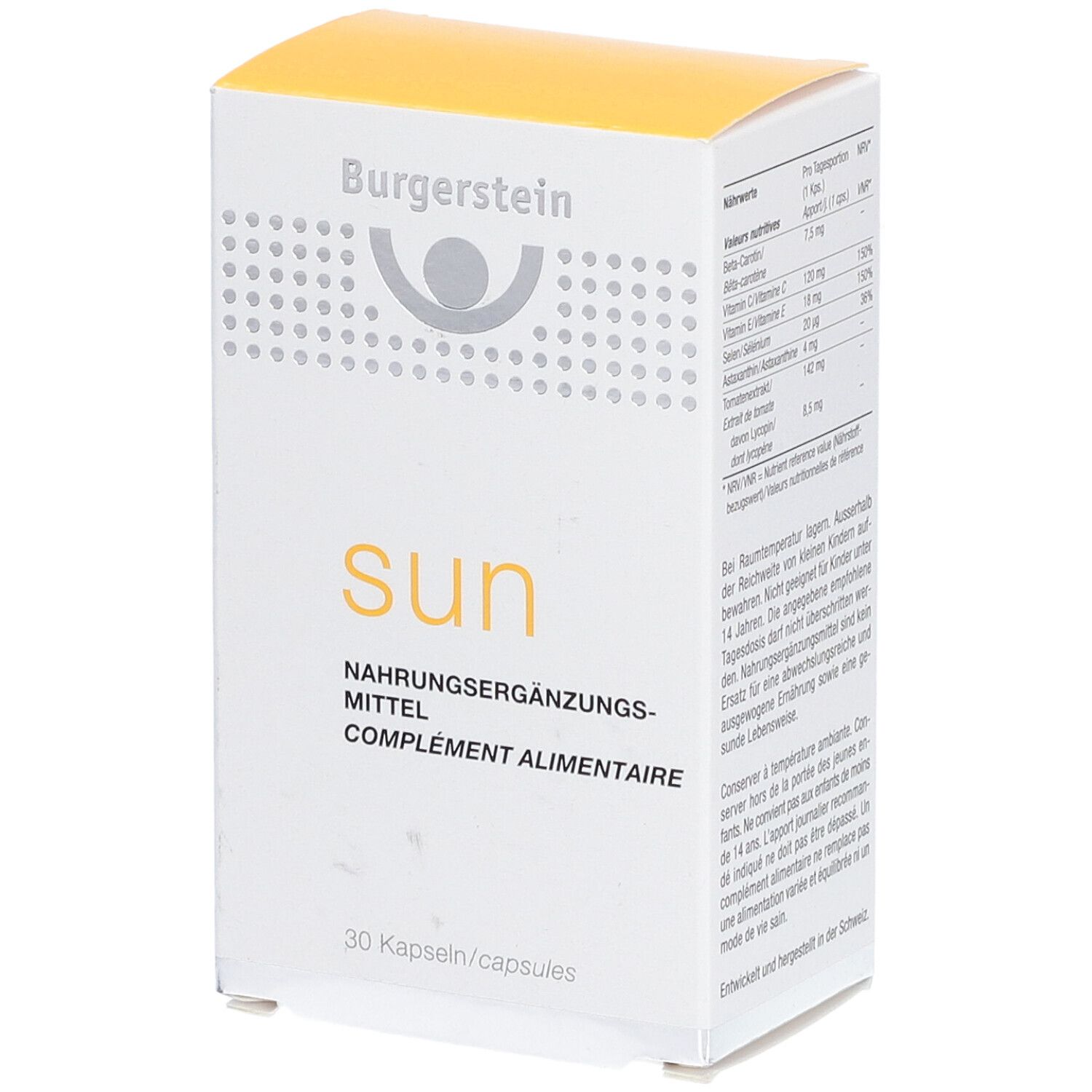 Boîte blanche et jaune. Inscription "Burgerstein sun". Contient 30 capsules. Complément alimentaire.
