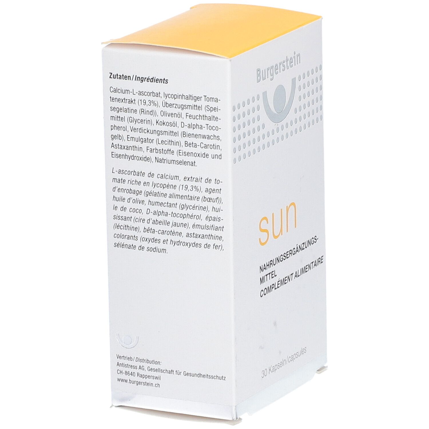 Boîte blanche, vue latérale. Liste des ingrédients. "Burgerstein sun" et logo en haut à droite.