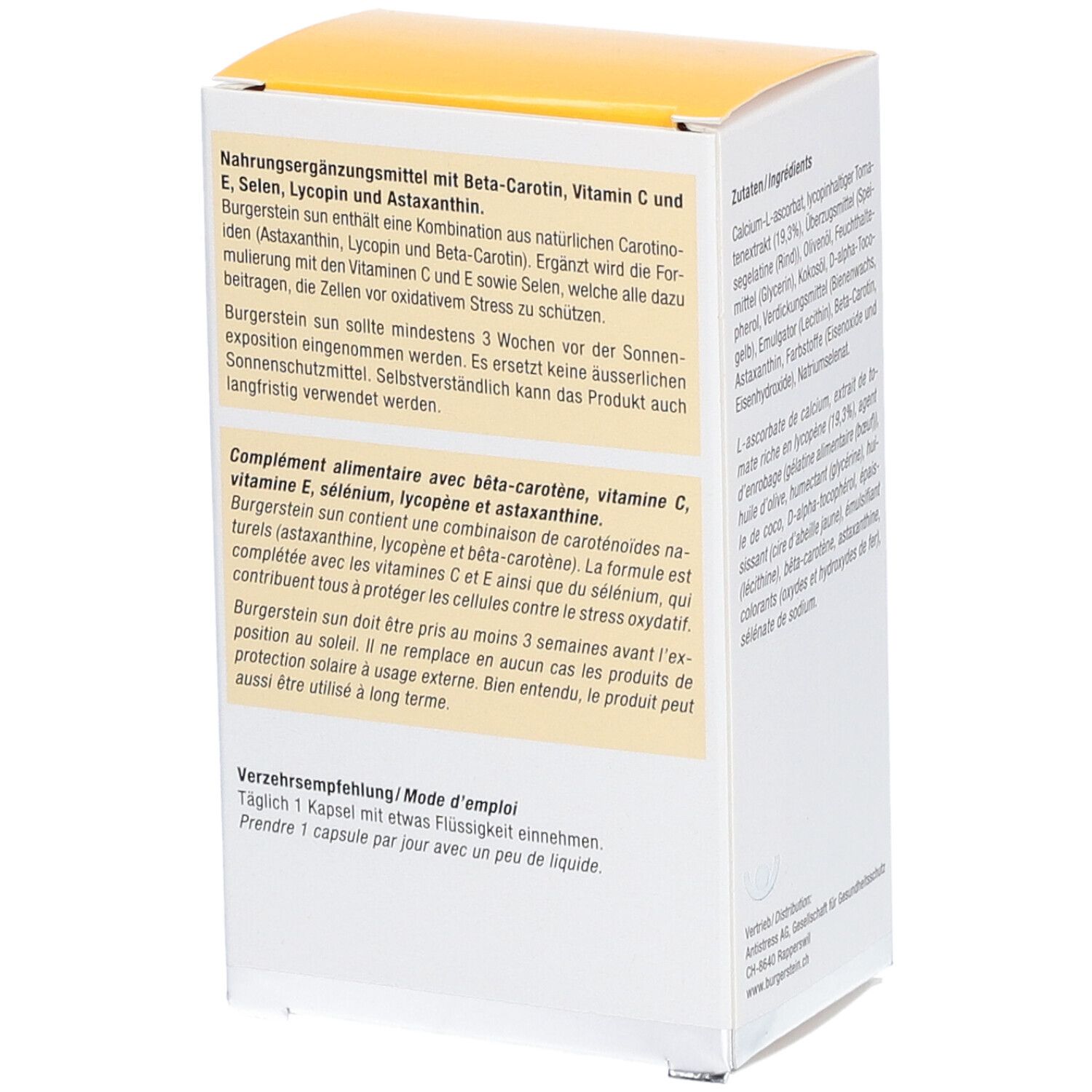 Dos de la boîte. Texte sur le complément alimentaire avec bêta-carotène, vitamine C et E, sélénium, lycopène et astaxanthine.