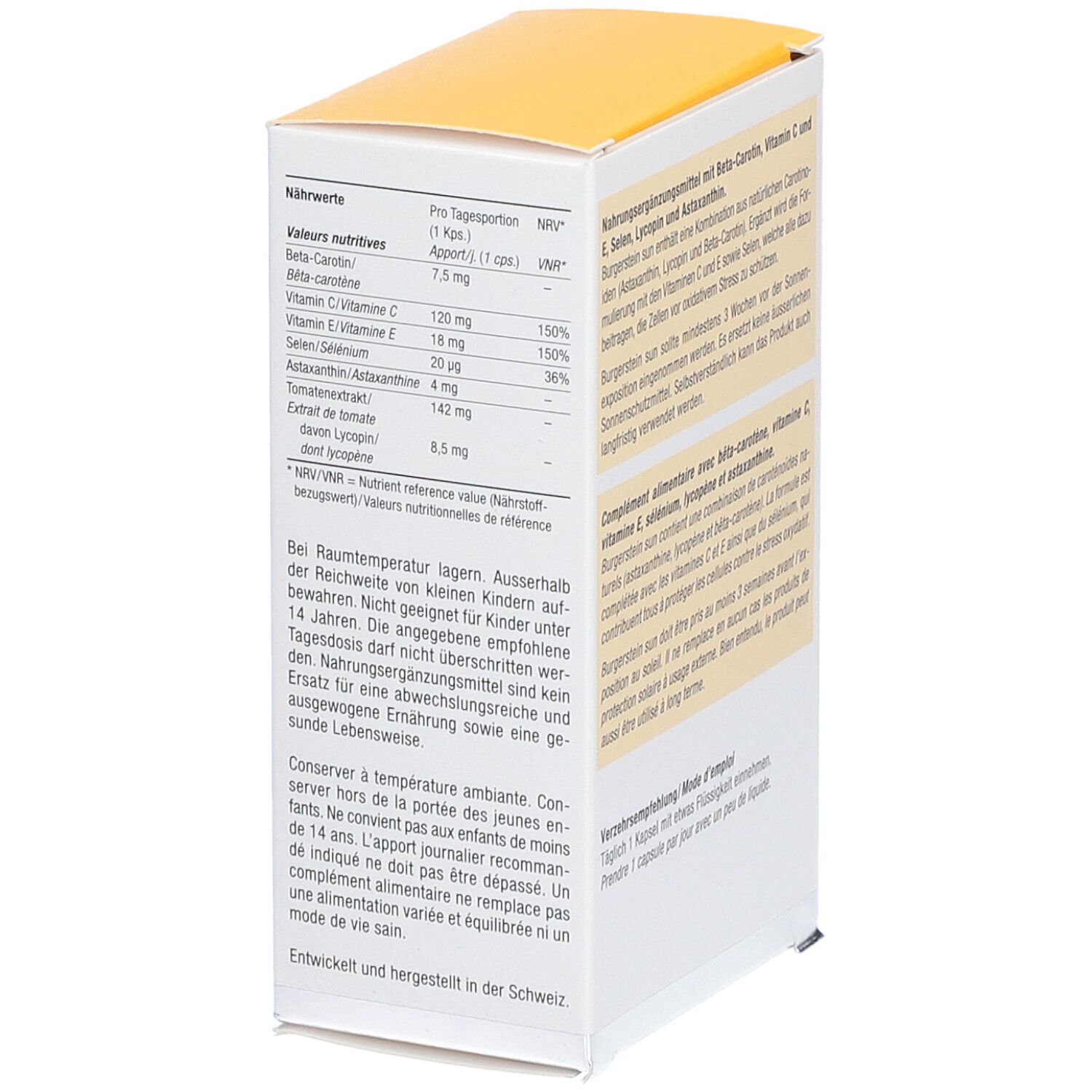 Vue latérale de la boîte. Tableau nutritionnel. Contient des informations sur les vitamines et minéraux par portion.