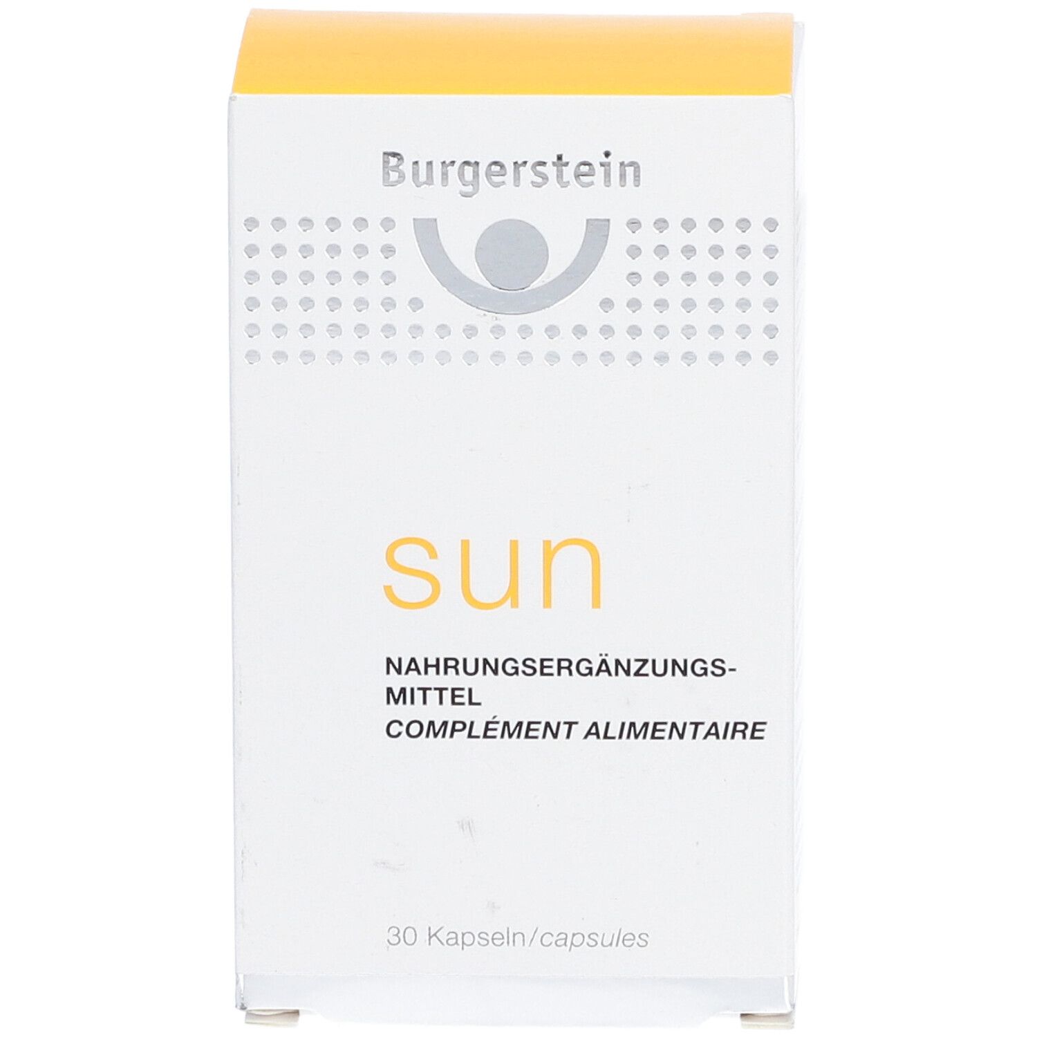 Boîte blanche et jaune. Inscription "Burgerstein sun". Complément alimentaire. 30 capsules.