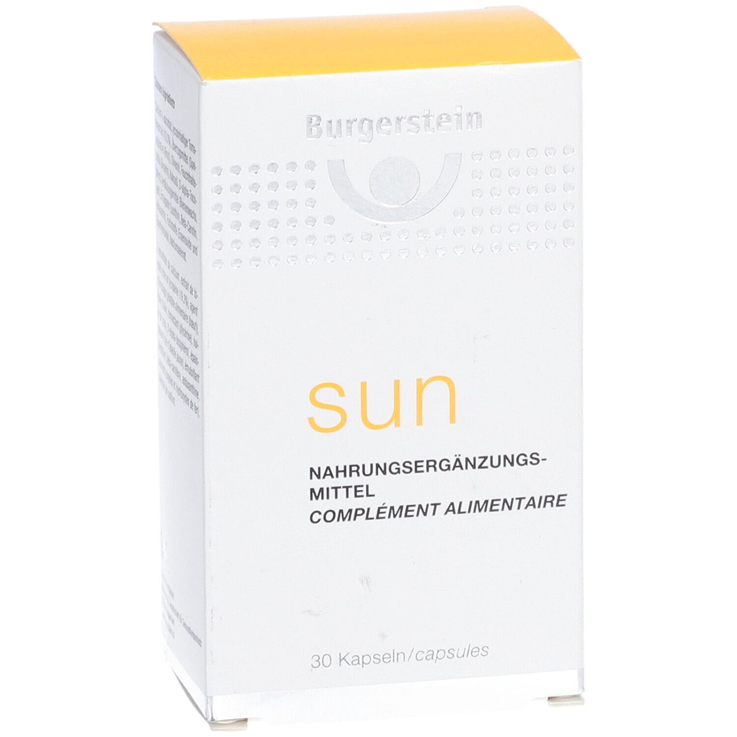 Boîte blanche et jaune. Logo "Burgerstein" et inscription "sun". Complément alimentaire. 30 capsules.