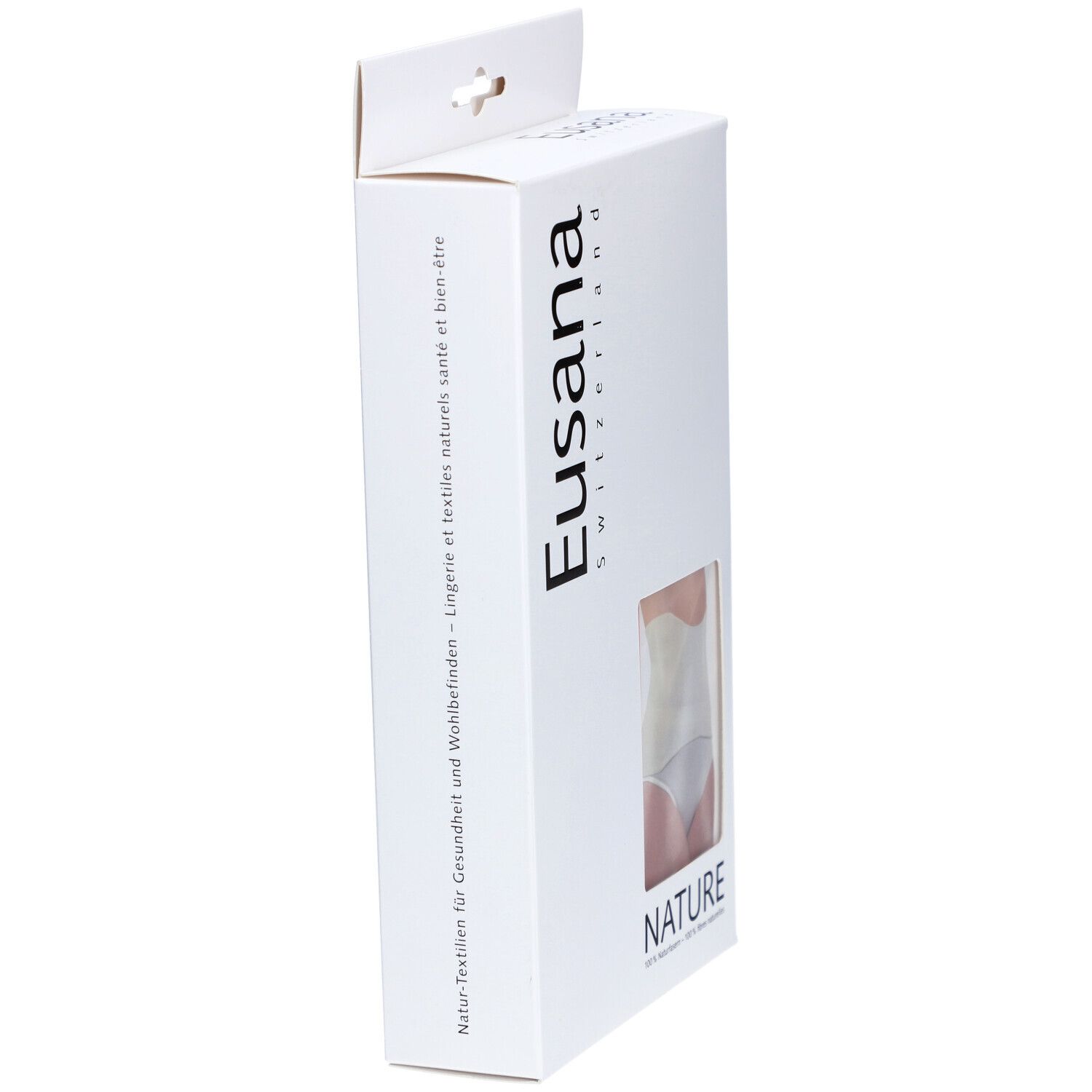 Verpackung, Marke Eusana. Sichtfenster zeigt Nierenwärmer. Text: Natur-Textilien für Gesundheit und Wohlbefinden.