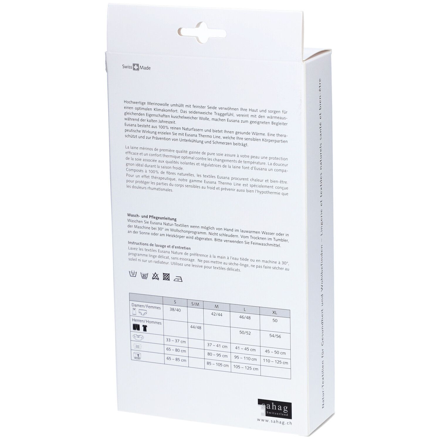 Rückseite der Verpackung. Text mit Produktinformationen, Pflegehinweisen und Größentabelle. Swiss Made.
