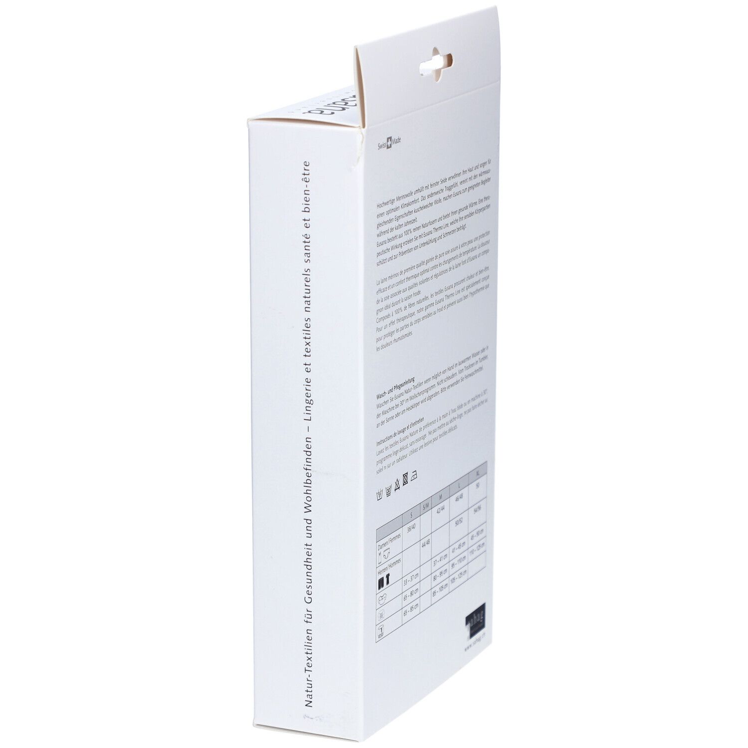 Verpackung, Marke Eusana. Text: Natur-Textilien für Gesundheit und Wohlbefinden. Größentabelle.