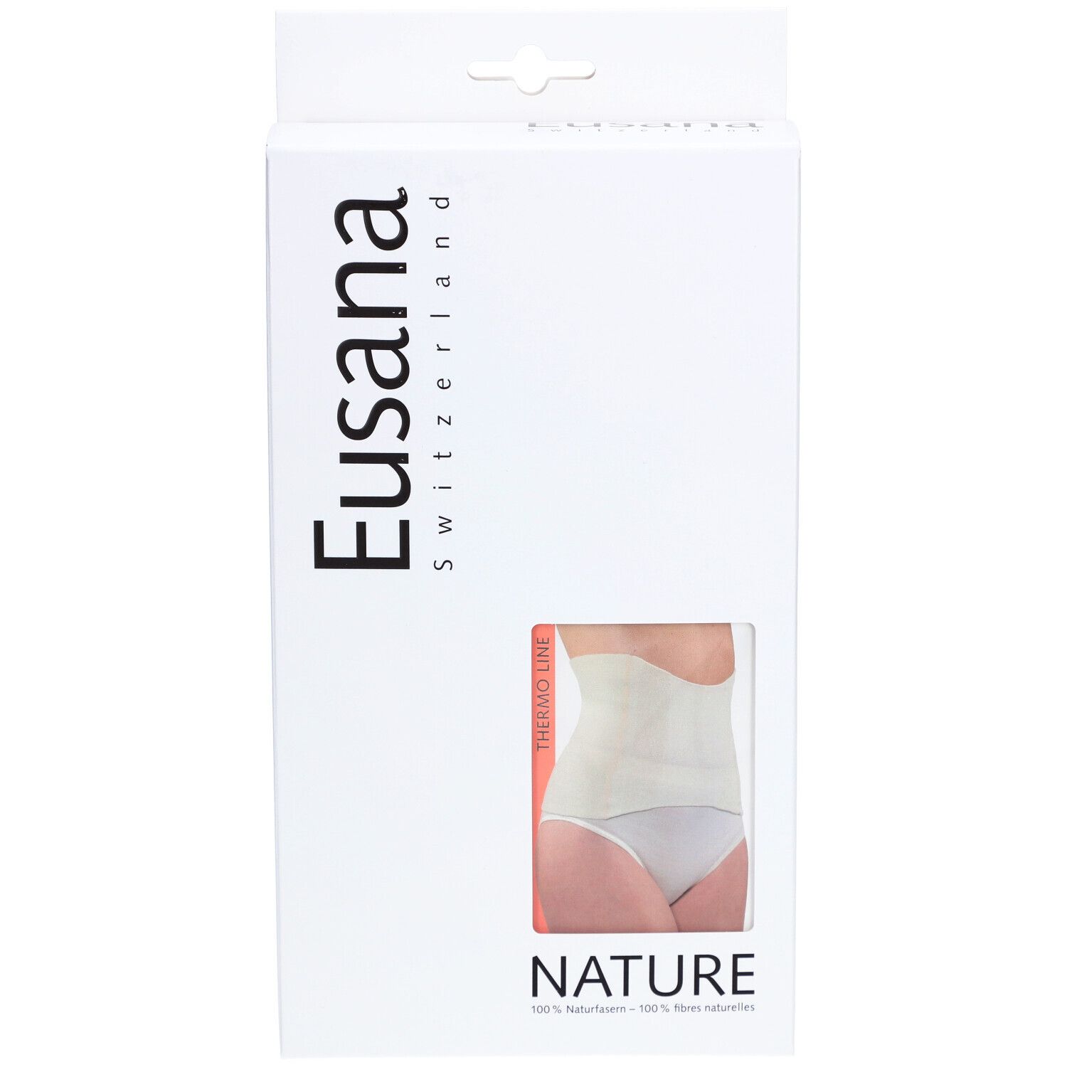 Verpackung mit Produktabbildung. Marke Eusana, Schriftzug NATURE. Sichtfenster zeigt Nierenwärmer.