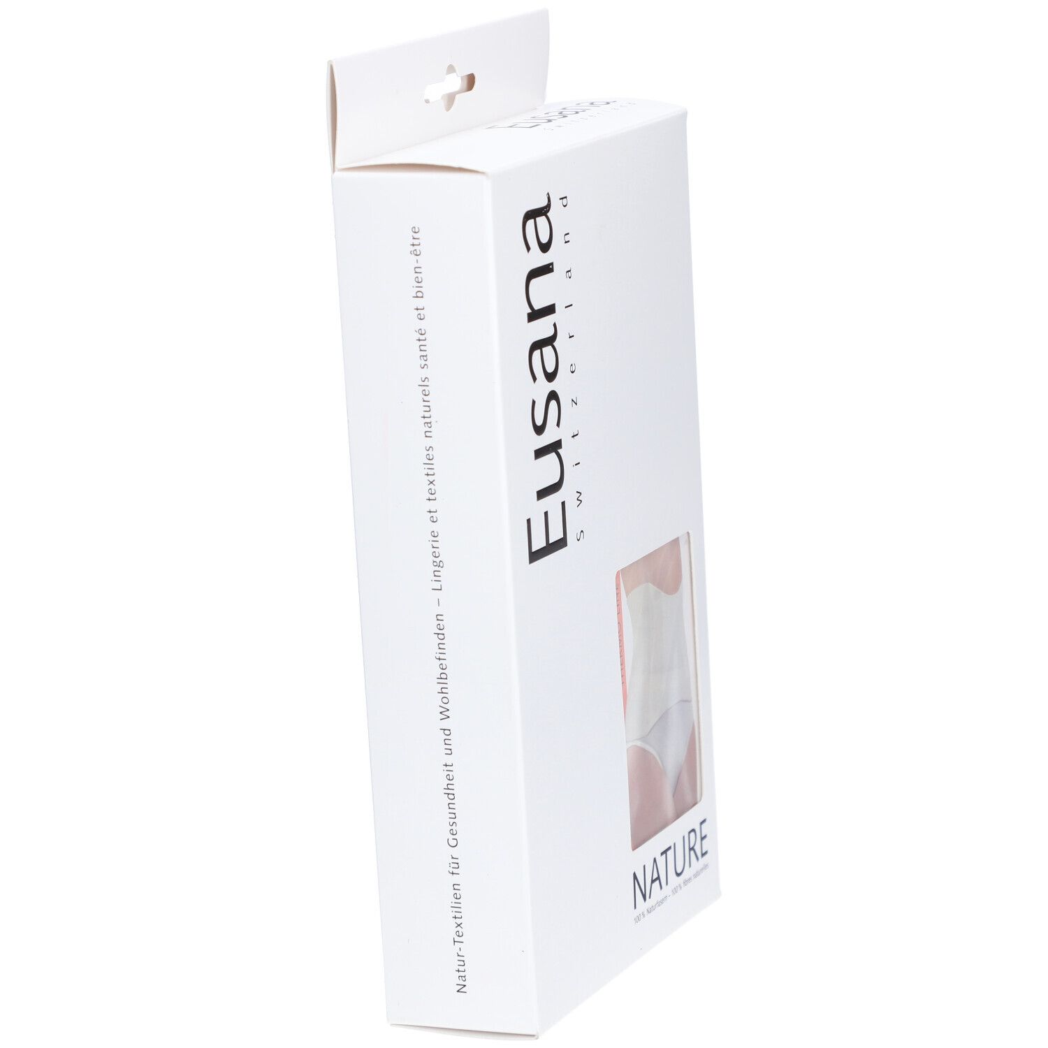 Schräg stehende, weiße Produktverpackung. Eusana-Logo. Sichtfenster mit Produktabbildung. Text: NATURE.