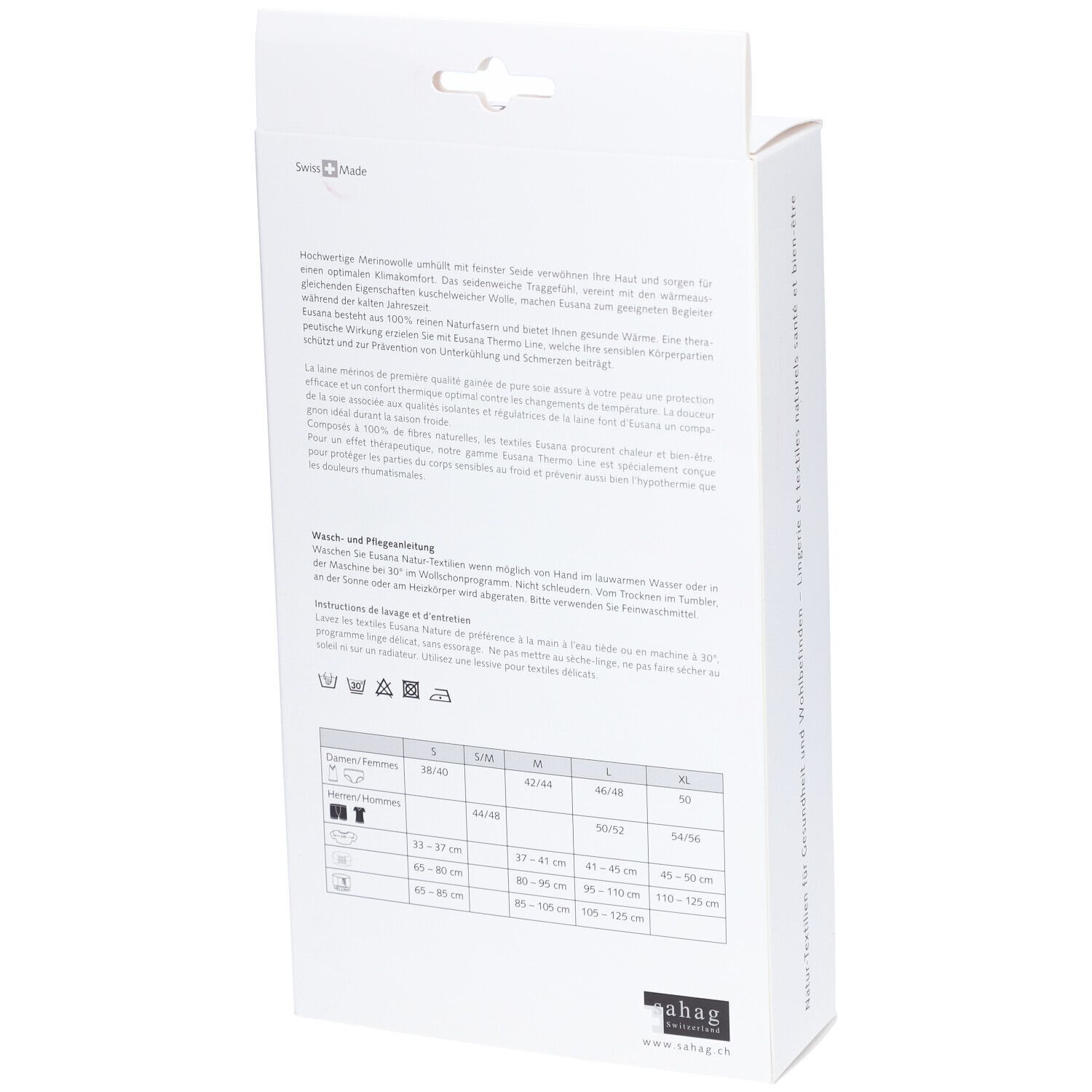 Rückseite der Produktverpackung. Text in Deutsch, Französisch, Italienisch. Größentabelle. Waschsymbole.