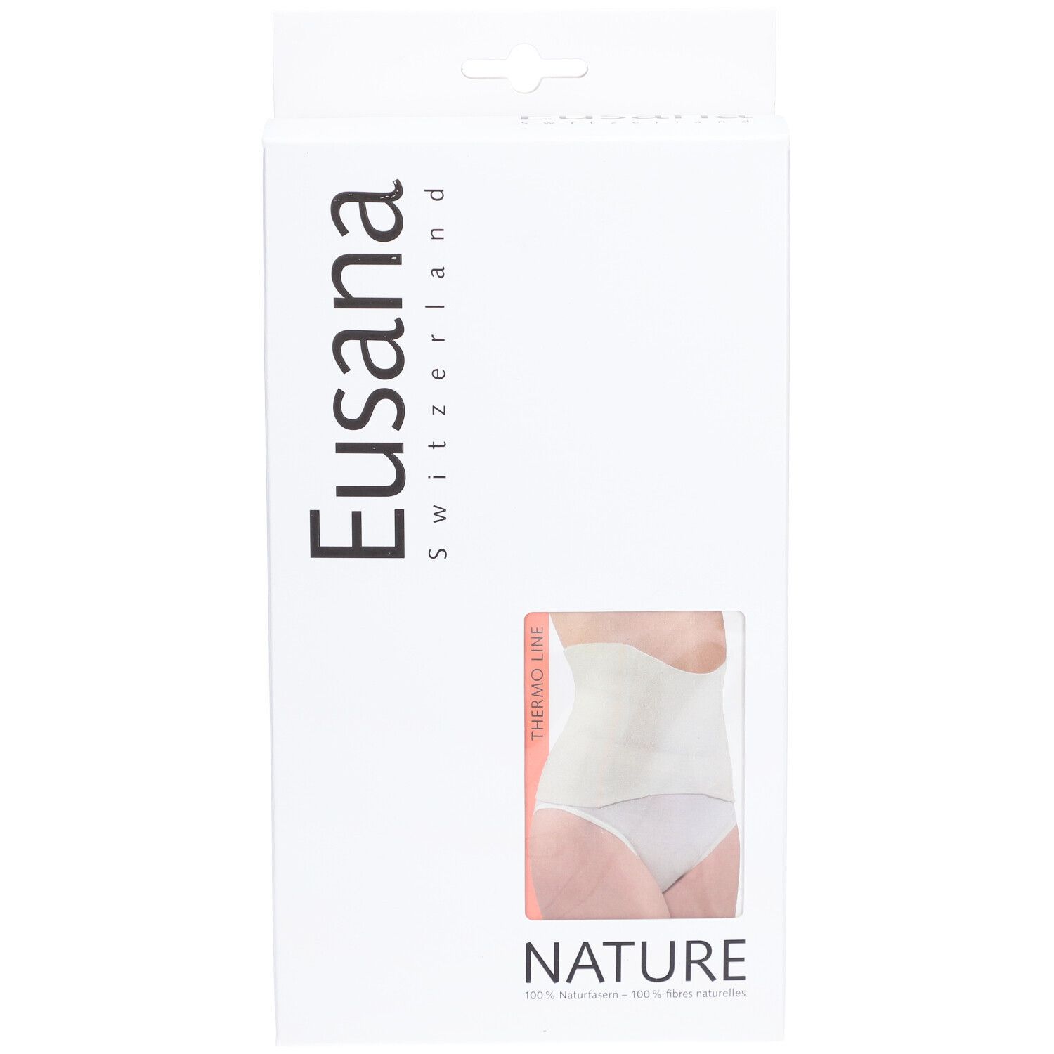 Weiße Produktverpackung mit Sichtfenster. Eusana-Logo und Produktabbildung. Text: NATURE, THERMO LINE.