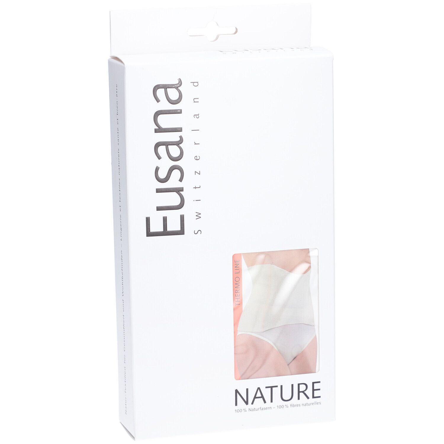 Weiße Produktverpackung mit Sichtfenster. Eusana-Logo. Produktabbildung. Text: NATURE.