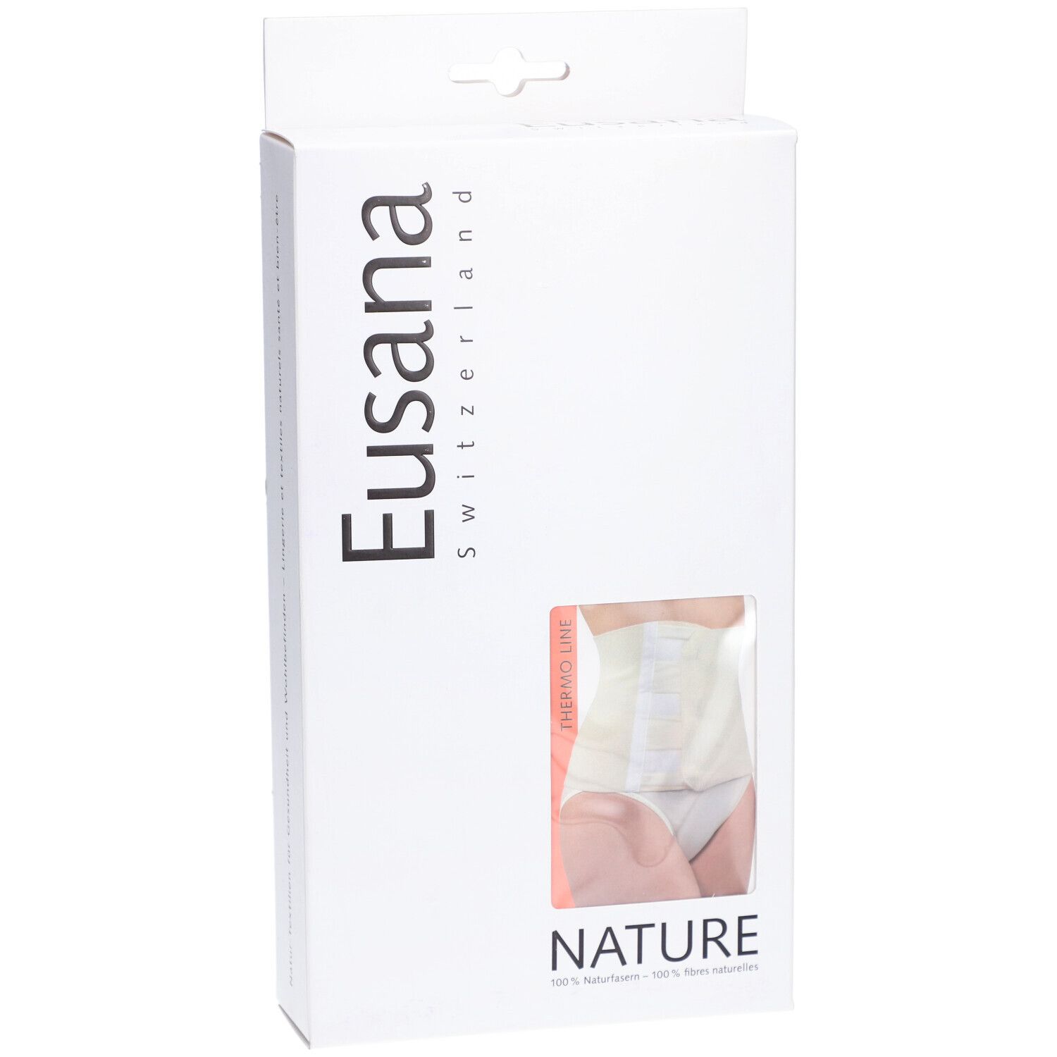 Emballage blanc avec fenêtre. Montre un modèle de ceinture lombaire beige. Marque : Eusana, texte : NATURE.