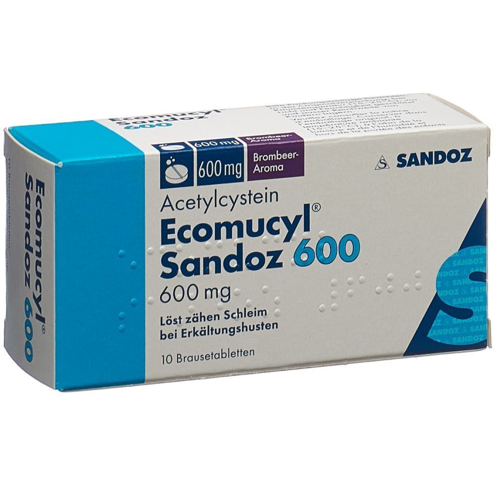 Karton von Ecomucyl Sandoz 600. Enthält 10 Brausetabletten. Aufschrift: 600 mg Acetylcystein, Brombeer-Aroma. Sandoz Logo.