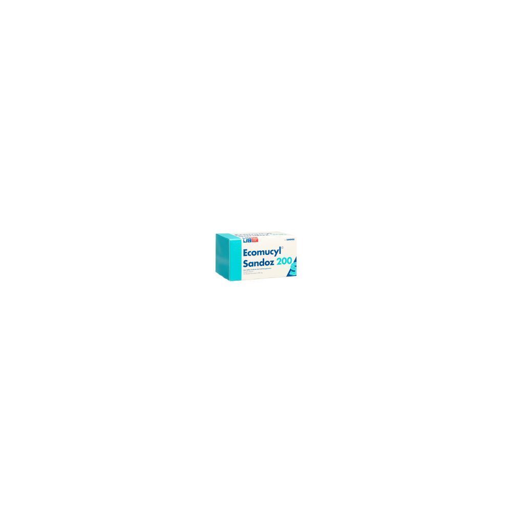 Karton von Ecomucyl Sandoz 200. Blau-weißes Design mit Produktnamen und Dosierung.