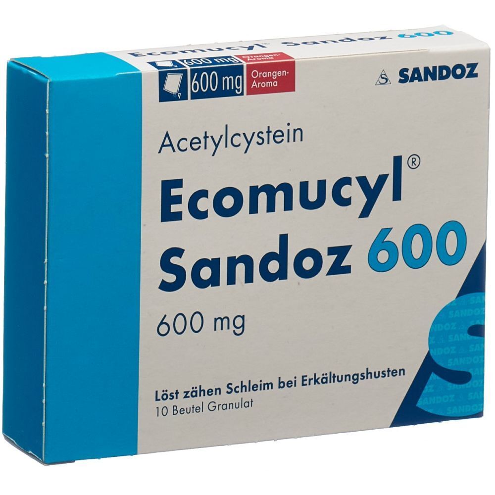 Boîte de Ecomucyl Sandoz 600. Contient 10 sachets de granulés. Inscription : 600 mg, Acétylcystéine. Arôme orange.