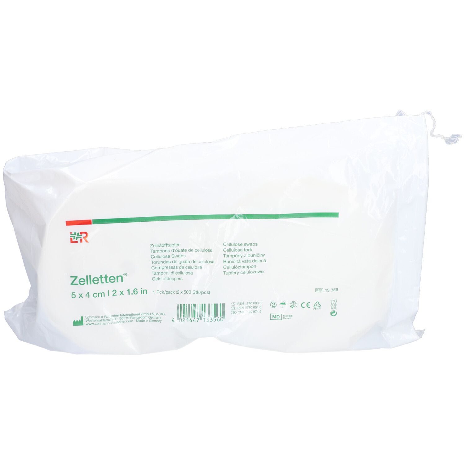 Paquet de Zelletten®. Tampons de cellulose blancs, 5x4 cm. Emballés dans un sac transparent avec cordon de serrage.
