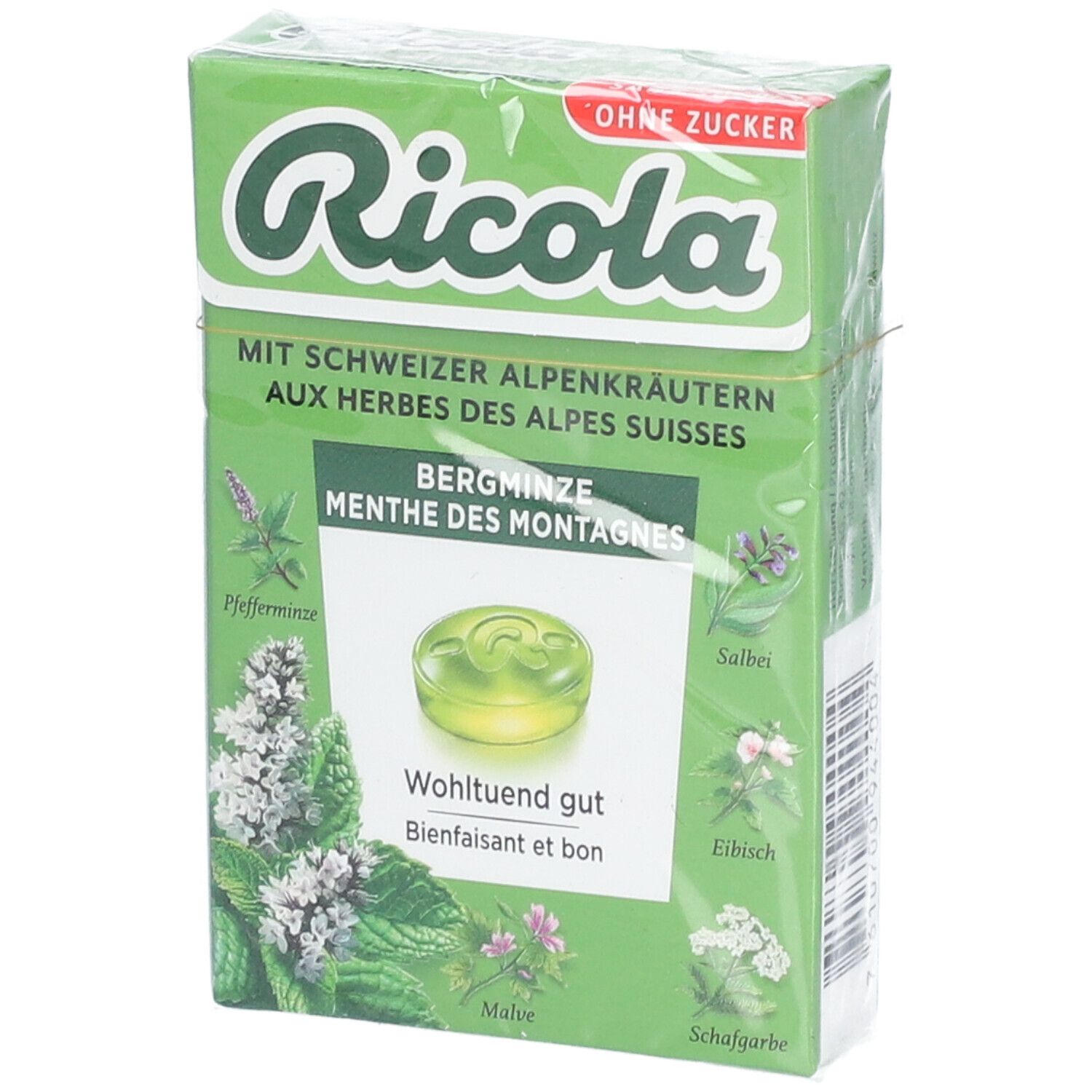 Grüne Verpackung mit Ricola-Logo und Bergminze-Bonbons. Text: Ohne Zucker, Schweizer Alpenkräuter. Einzelnes Bonbon sichtbar.