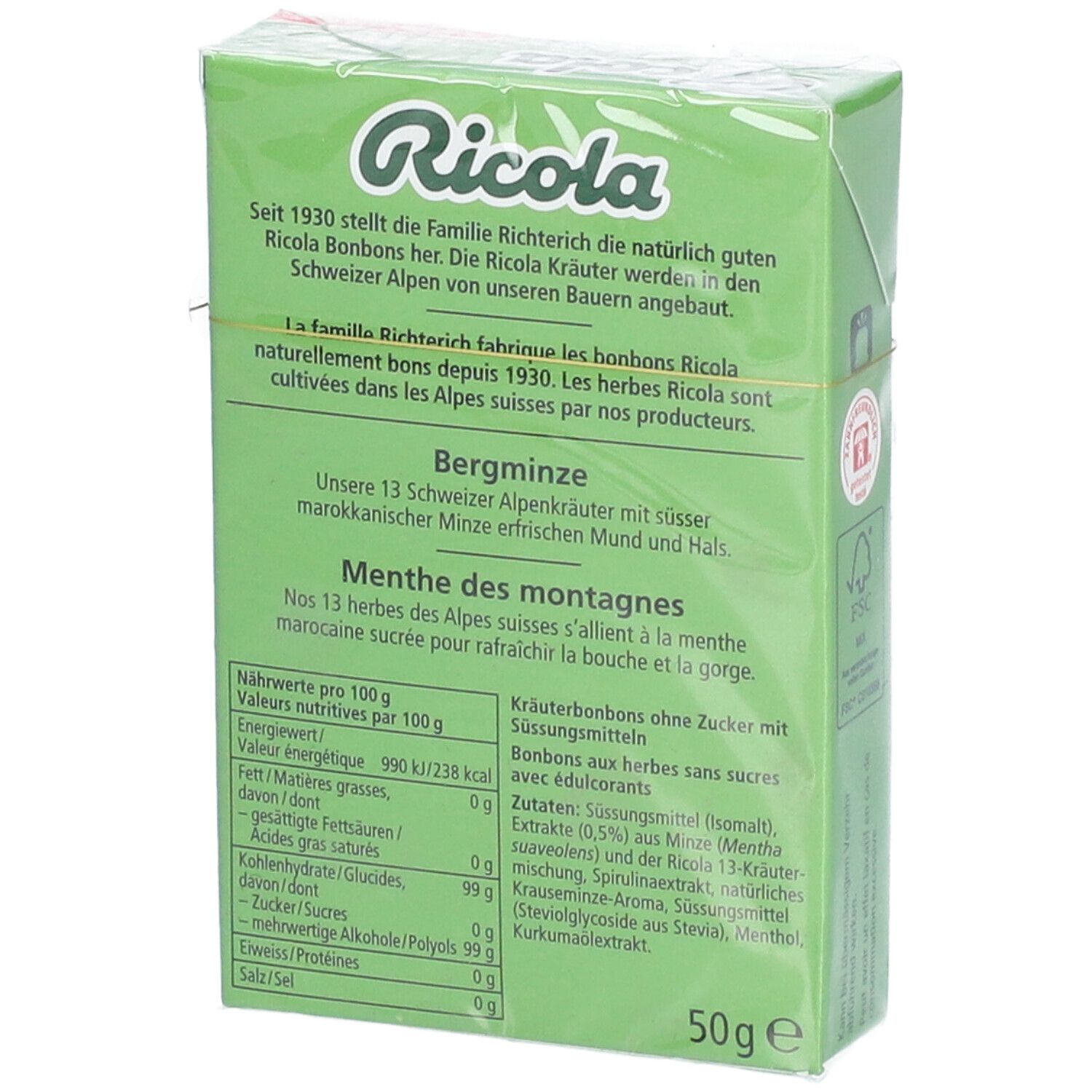 Rückseite der grünen Ricola-Verpackung. Text in Deutsch und Französisch. Nährwertangaben und Zutatenliste.