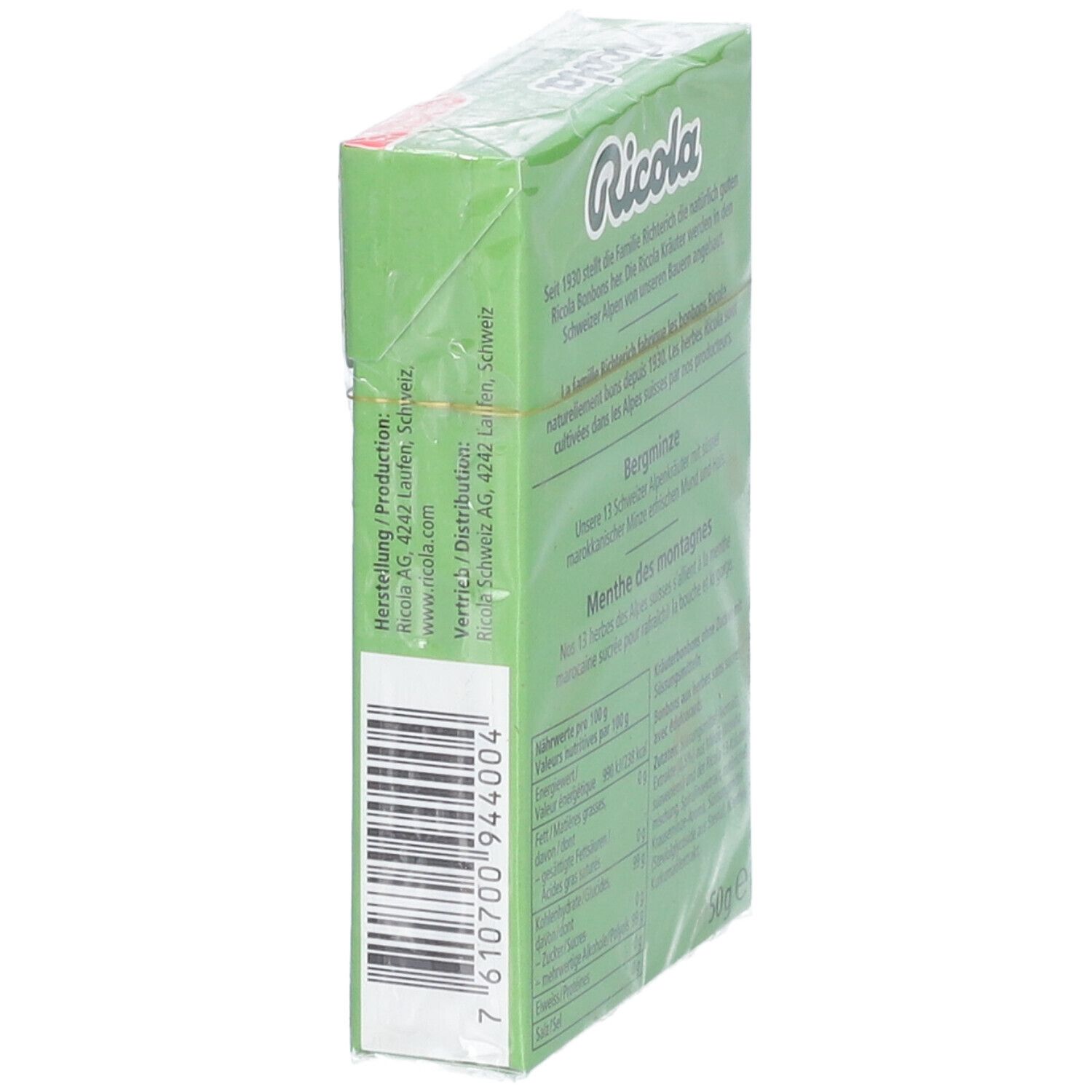 Seitenansicht der grünen Ricola-Verpackung. Barcode und Text. Herstellerinformationen.