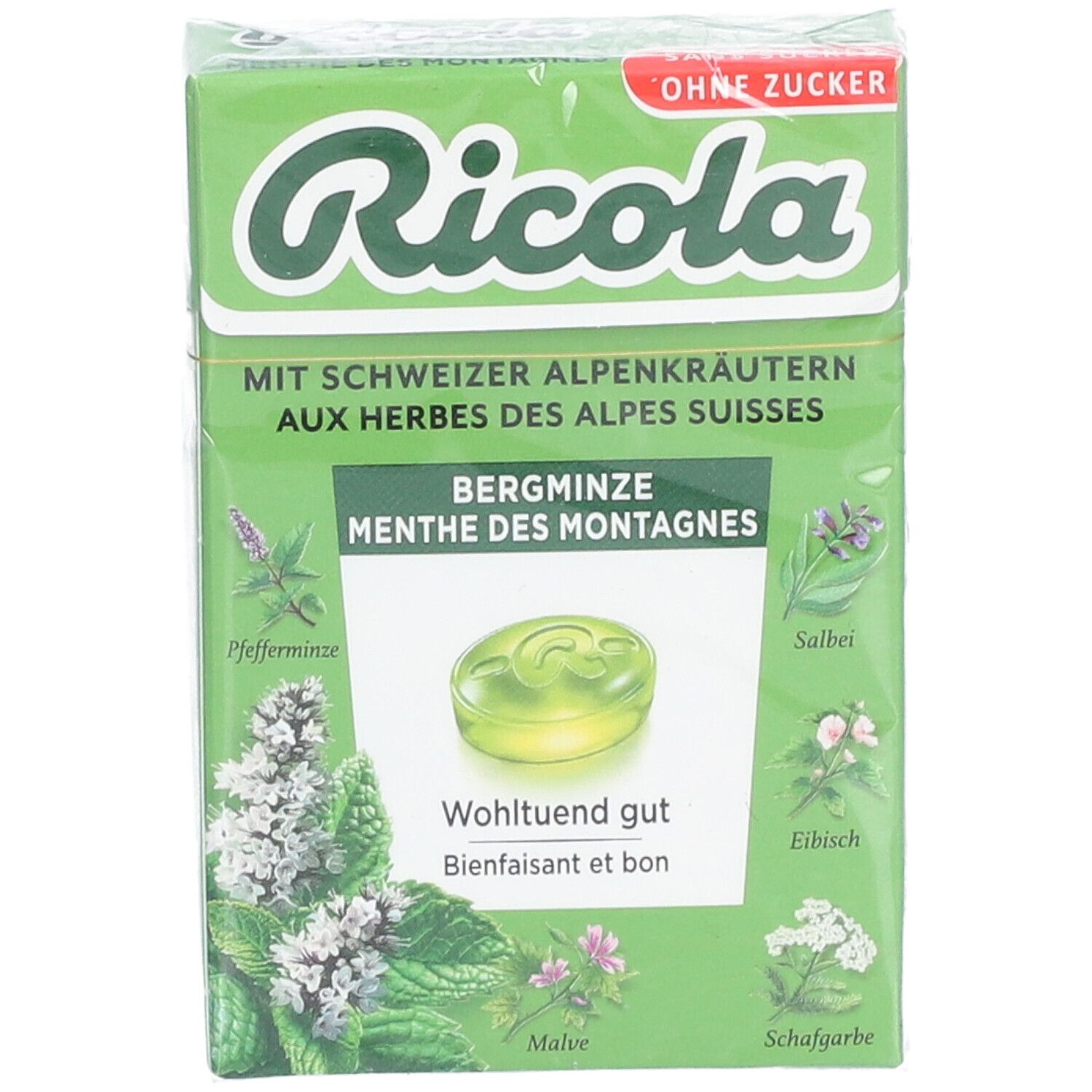 Grüne Ricola-Verpackung mit Bergminze-Bonbons. Text: Ohne Zucker, Schweizer Alpenkräuter. Einzelnes Bonbon sichtbar.