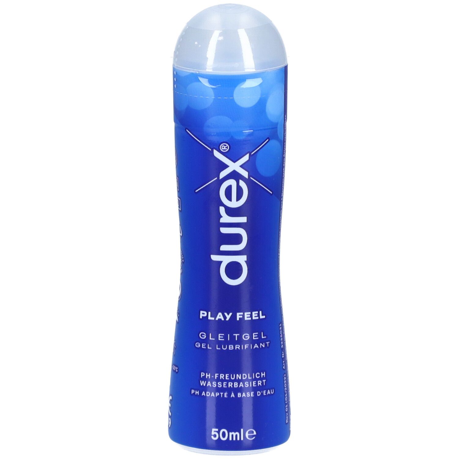 Blaue Flasche mit weißem Deckel. Aufschrift: durex, Play Feel Gleitgel, wasserbasiert. 50ml.
