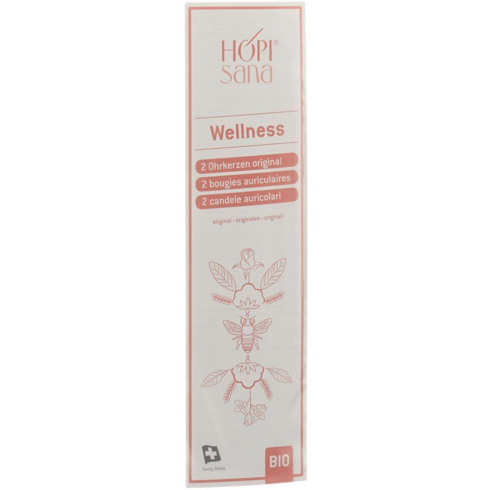 Verpackung mit Produktnamen HOPISANA Wellness. Enthält 2 Ohrkerzen, 2 bougies auriculaires, 2 candele auricolari. Bio-Siegel.