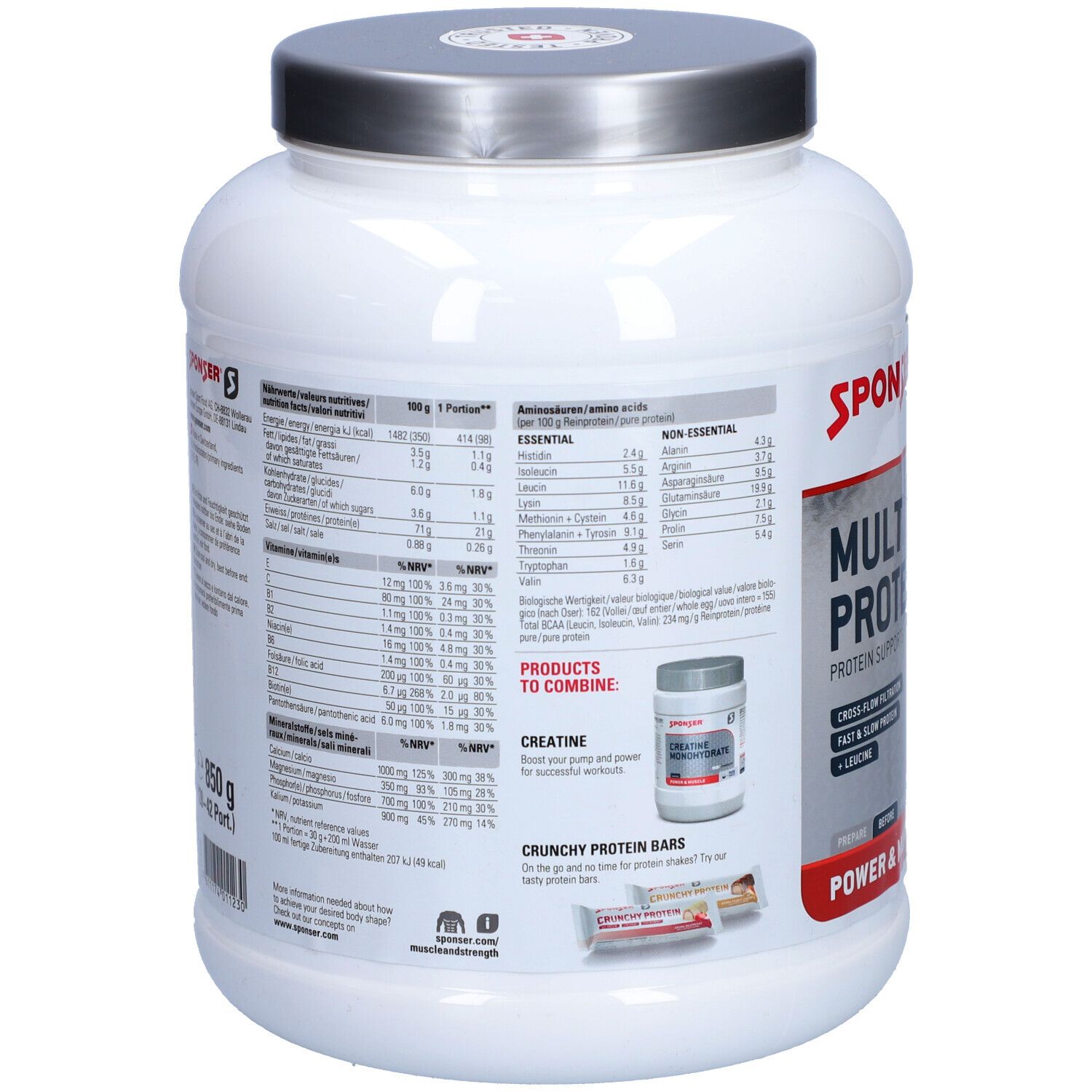 Rückseite des Proteinpulver-Behälters. Enthält Nährwertangaben, Aminosäuren, und eine Abbildung von Kreatin und Proteinriegeln.