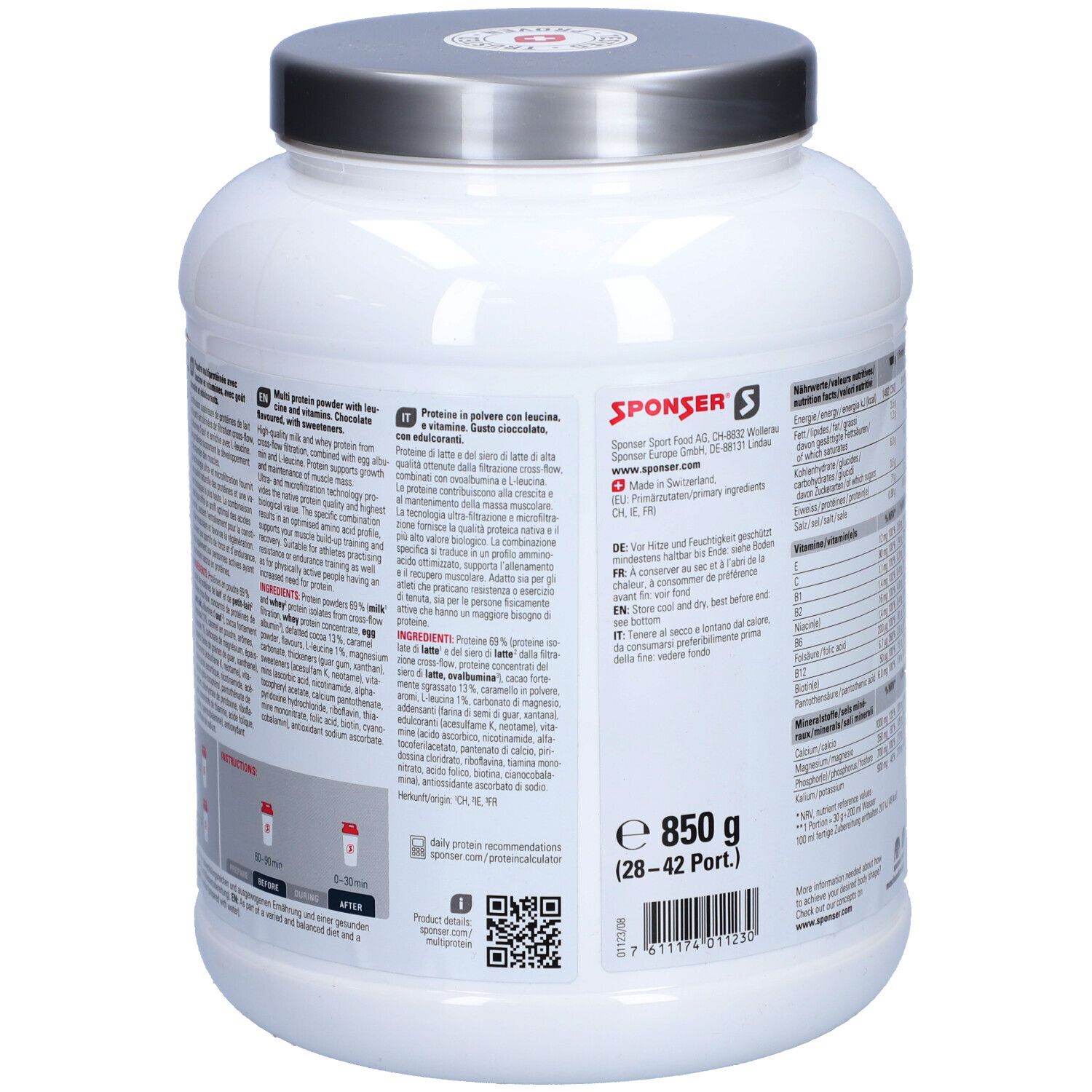 Rückseite des Proteinpulver-Behälters. Enthält Text in mehreren Sprachen, Nährwertangaben und Informationen zur Zubereitung.