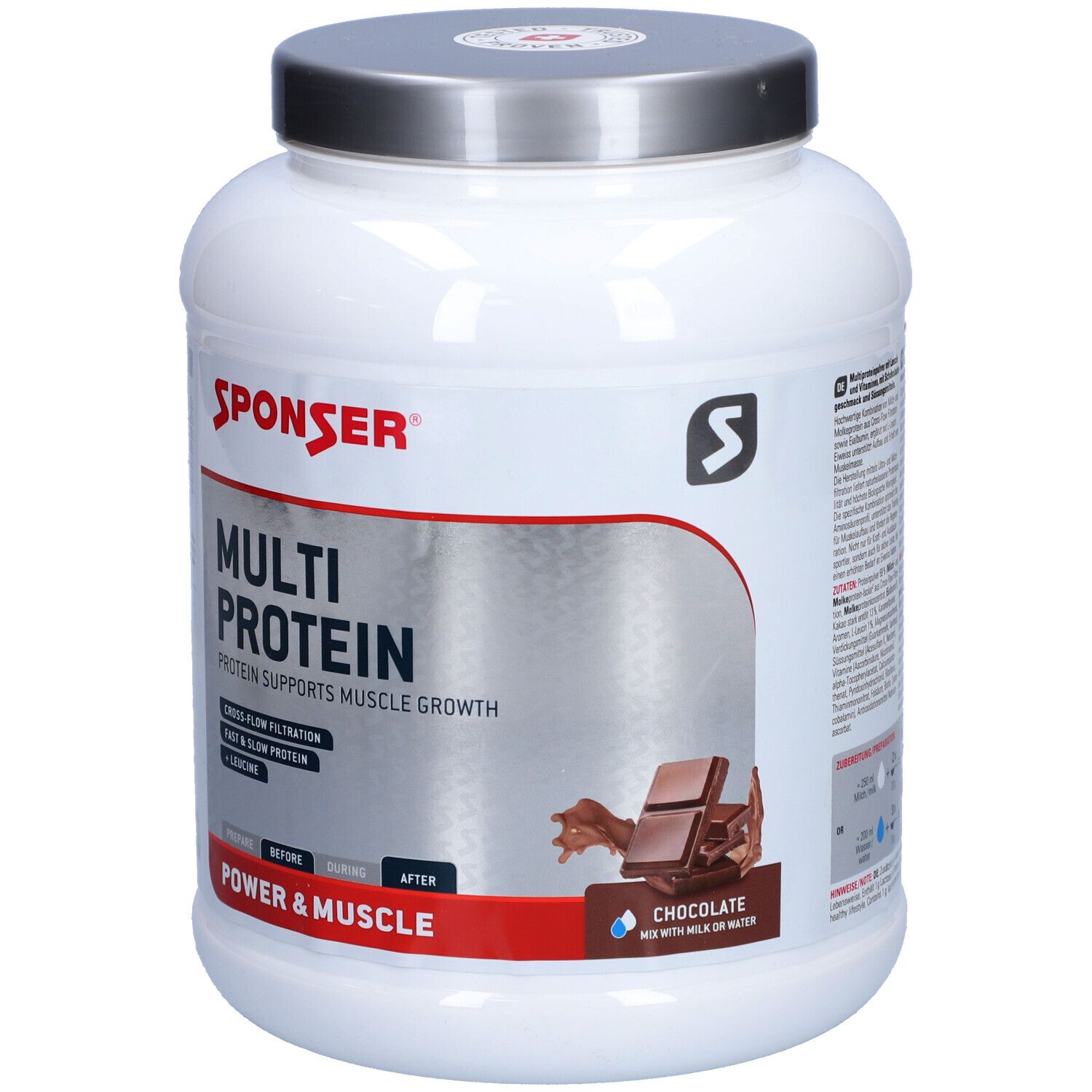 Weißer Proteinpulver-Behälter mit silbernem Deckel. Aufschrift SPONSER, Multi Protein, Chocolate. Abbildung von Schokolade.