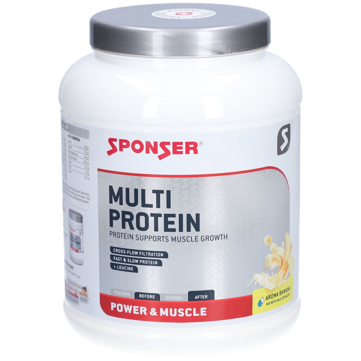 Weißes SPONSER Multi Protein CFF-Pulver in Dose. Aufschrift: Multi Protein, Aroma Banana. Deckel silberfarben.