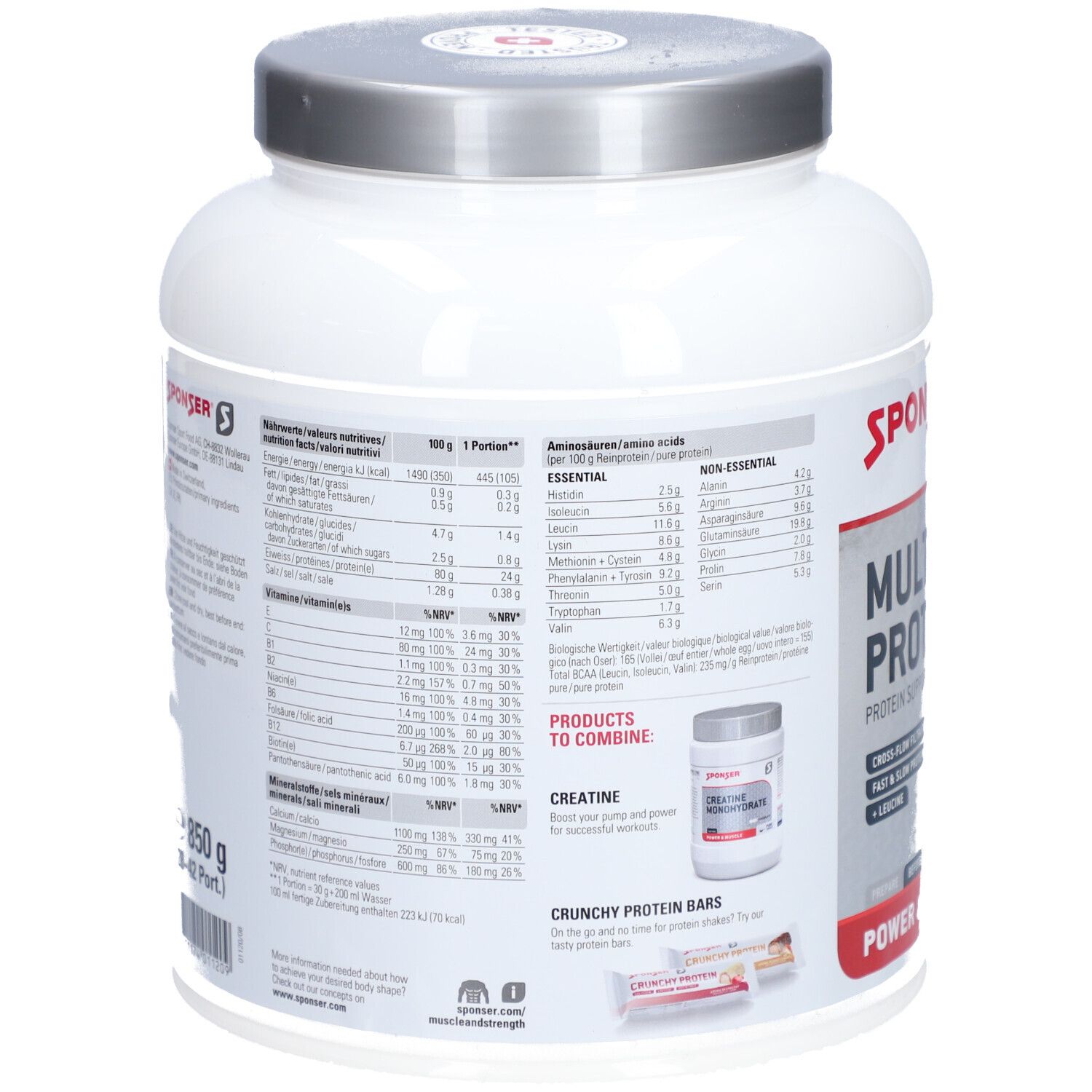 Rückseite der SPONSER Multi Protein CFF Dose. Nährwertangaben, Aminosäuren, und Produktabbildungen.