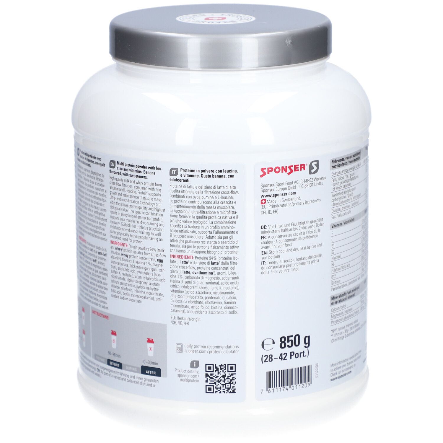Rückseite der SPONSER Multi Protein CFF Dose. Text in Deutsch, Französisch, Italienisch und Englisch.