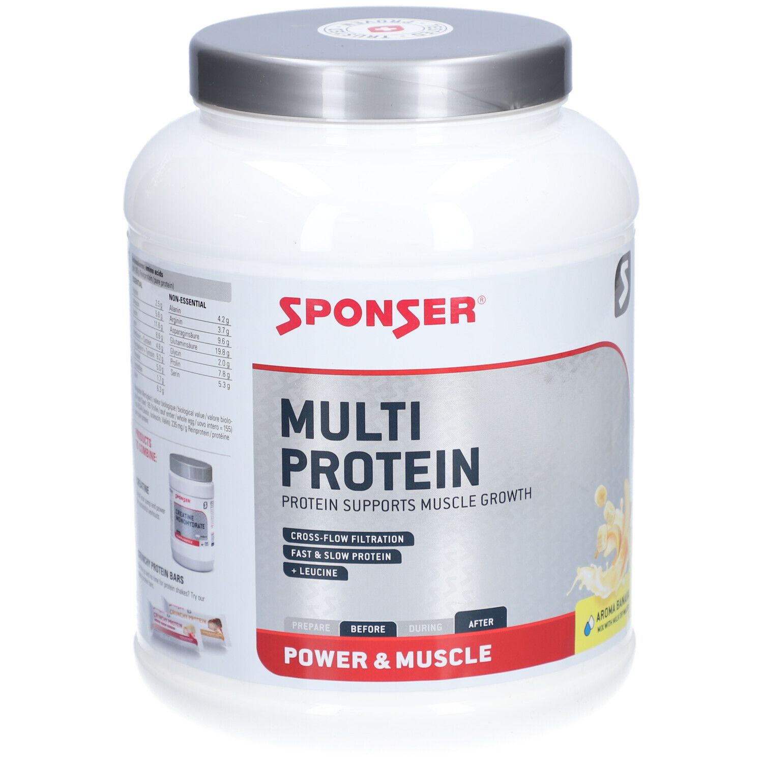 Weißes SPONSER Multi Protein CFF-Pulver in Dose. Aufschrift: Multi Protein, Aroma Banana. Deckel silberfarben.