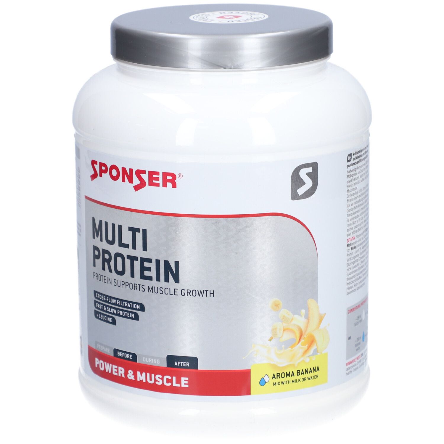 Weißes SPONSER Multi Protein CFF-Pulver in Dose. Aufschrift: Multi Protein, Aroma Banana. Deckel silberfarben.
