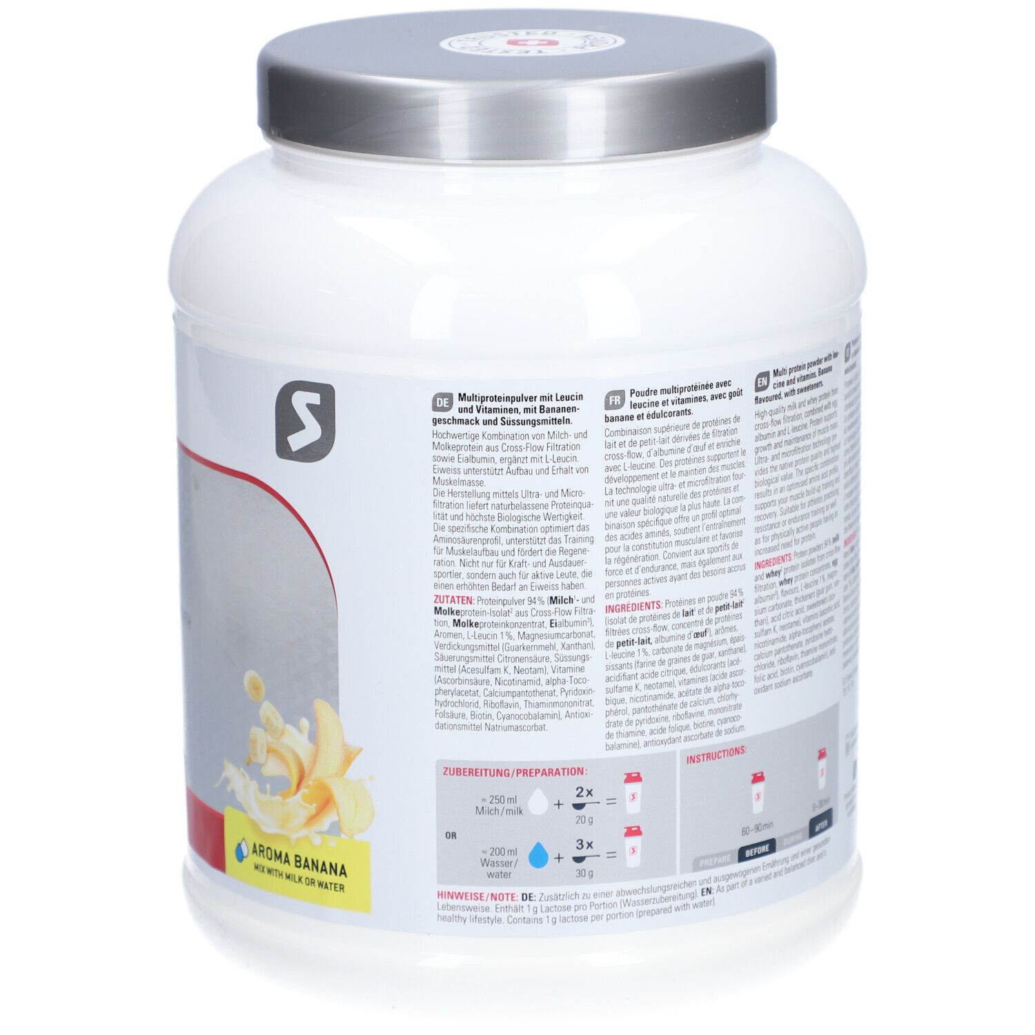 Rückseite der SPONSER Multi Protein CFF Dose. Text, Zubereitungshinweise und Aroma Banana.