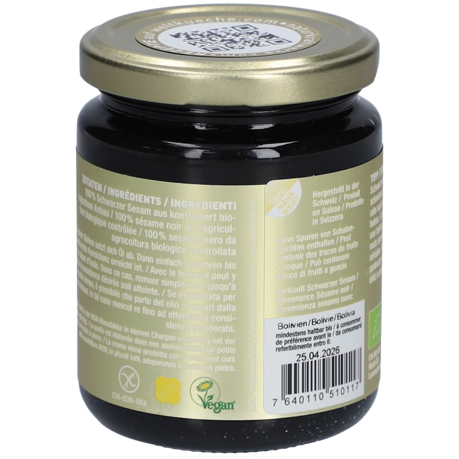Rückseite des Glases mit Sesam-Püree. Zutatenliste, Bio-Siegel und Vegan-Logo.