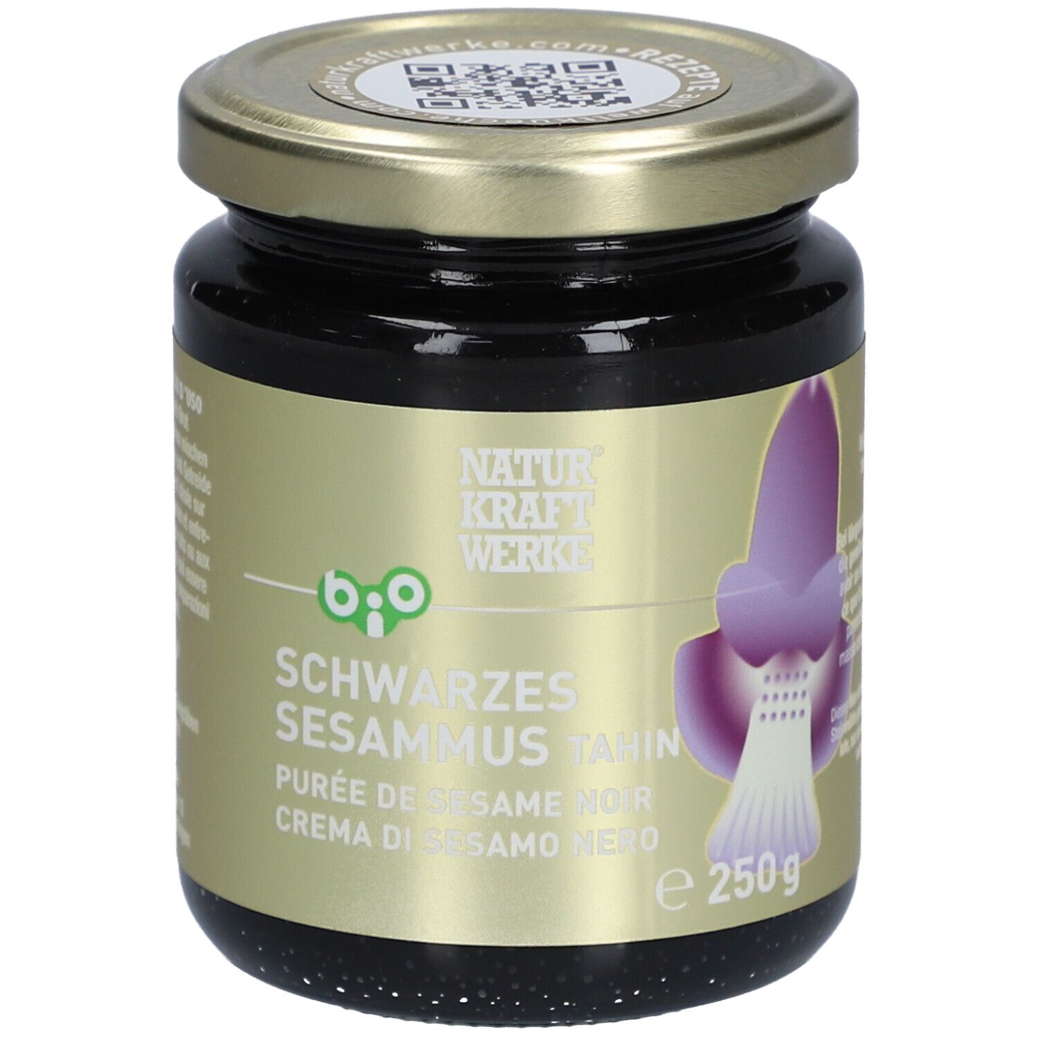 Glas mit Sesam-Püree. Goldener Deckel, Etikett mit Produktnamen, Bio-Siegel und floralem Motiv.