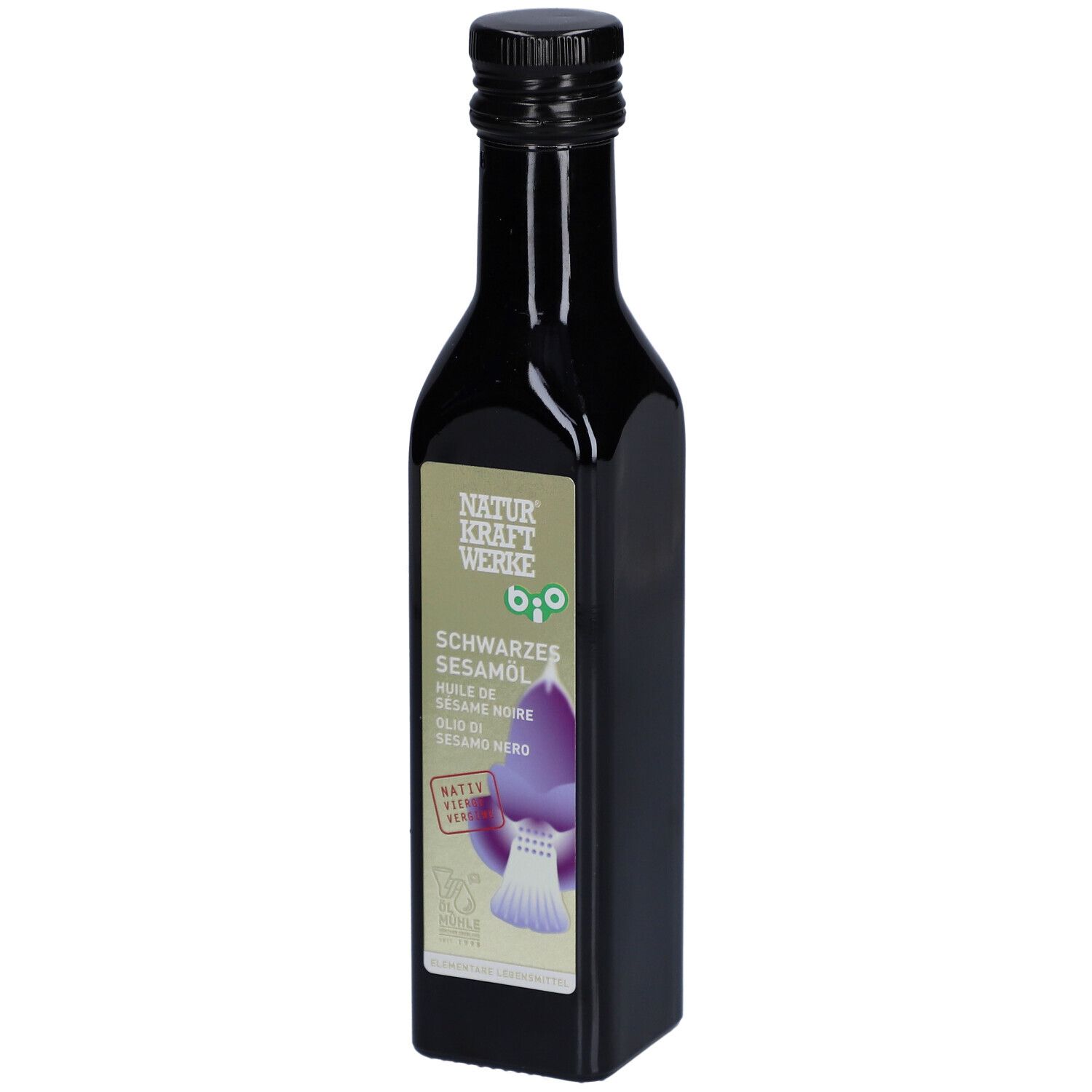 Schwarze Glasflasche mit schwarzem Deckel. Etikett mit Produktbezeichnung und Logo.