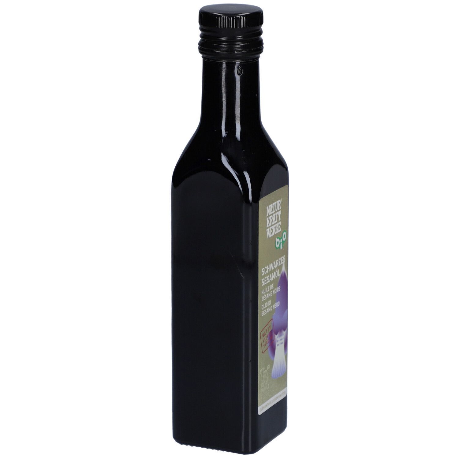 Schwarze Glasflasche mit schwarzem Deckel. Etikett mit Produktbezeichnung und Logo.