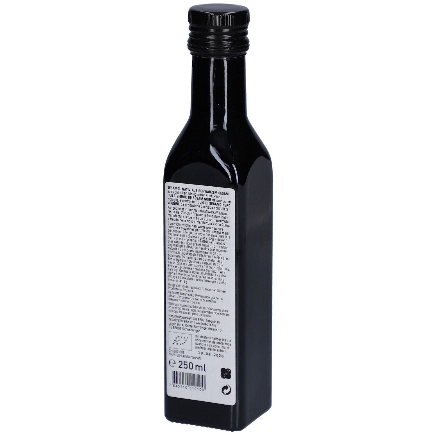 Rückseite einer schwarzen Glasflasche mit Textetikett. Enthält Produktinformationen und Zertifizierungen.