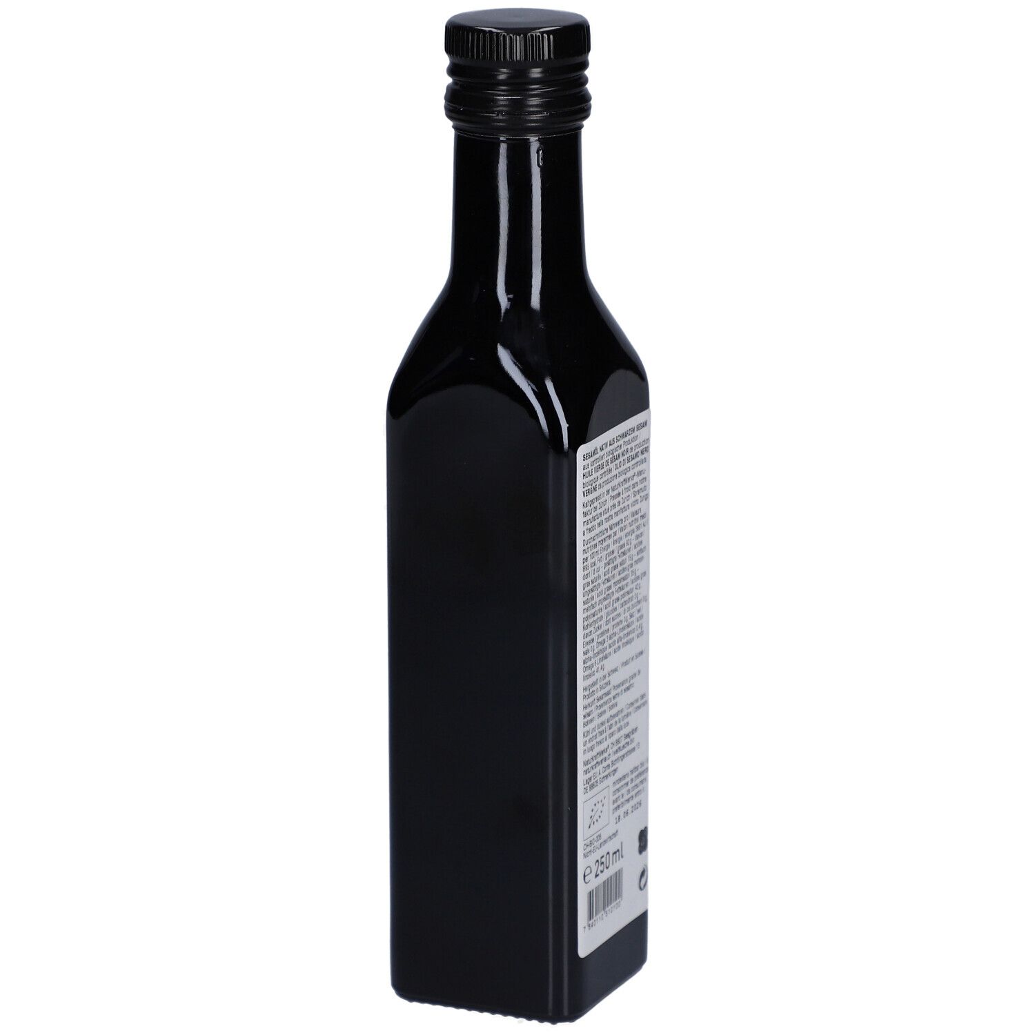 Rückseite einer schwarzen Glasflasche mit Textetikett. Enthält Produktinformationen und Zertifizierungen.