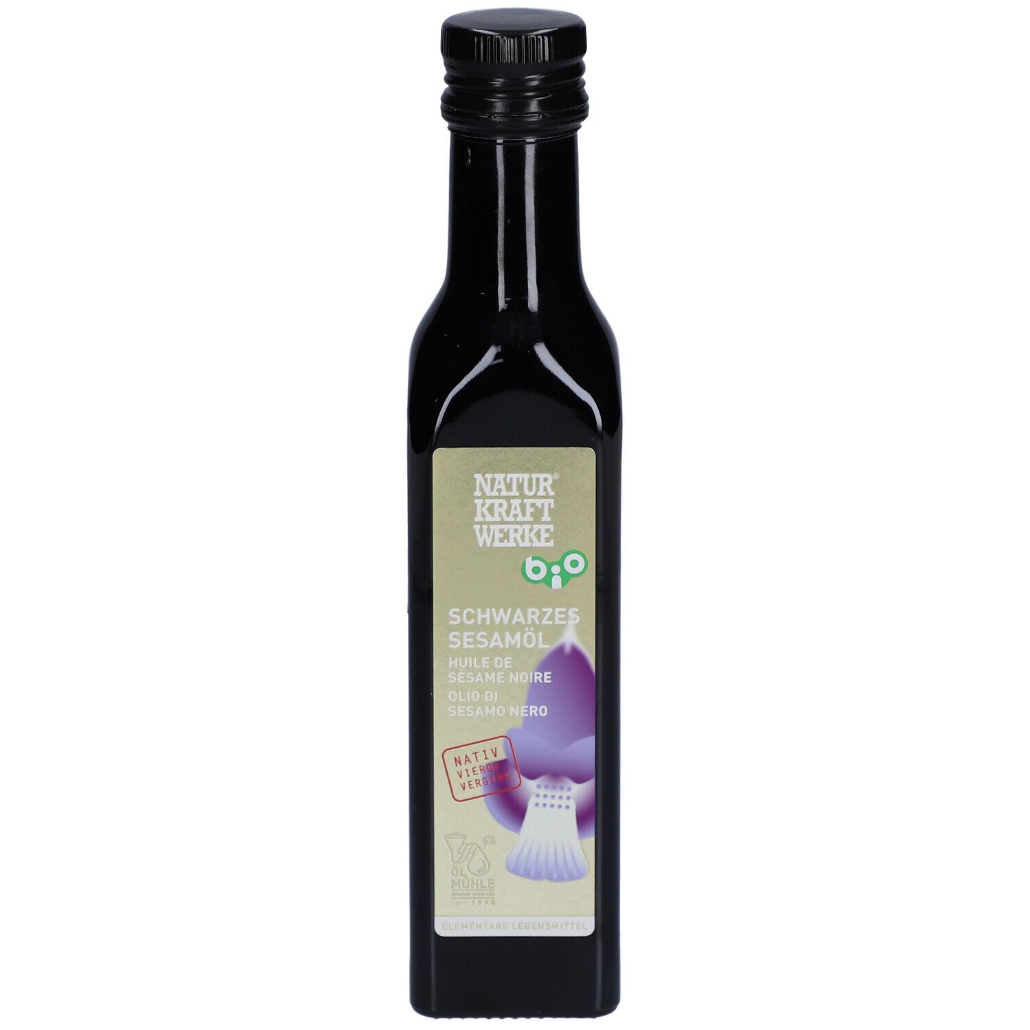 Schwarze Glasflasche mit schwarzem Deckel. Etikett mit Produktbezeichnung und Logo.