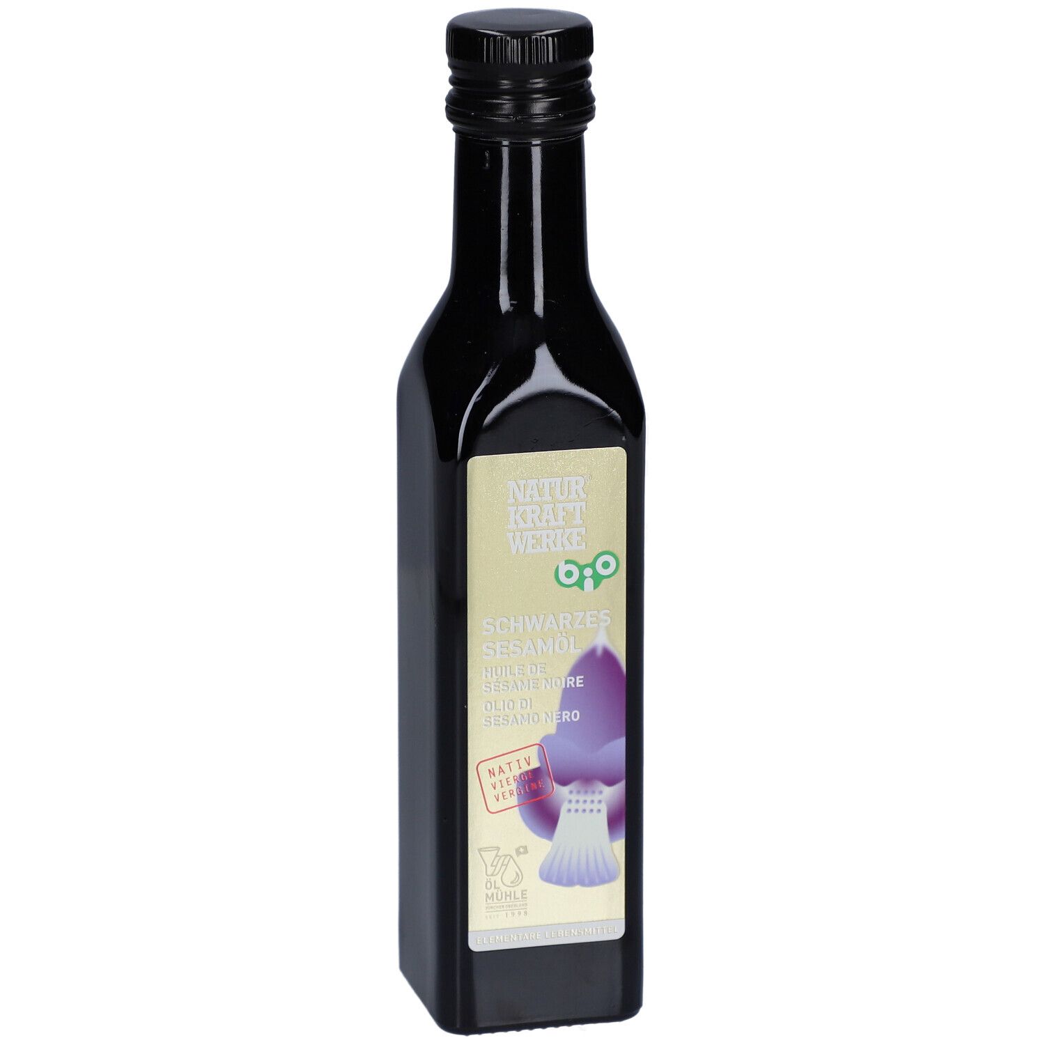 Schwarze Glasflasche mit schwarzem Deckel. Etikett mit Produktbezeichnung und Logo.
