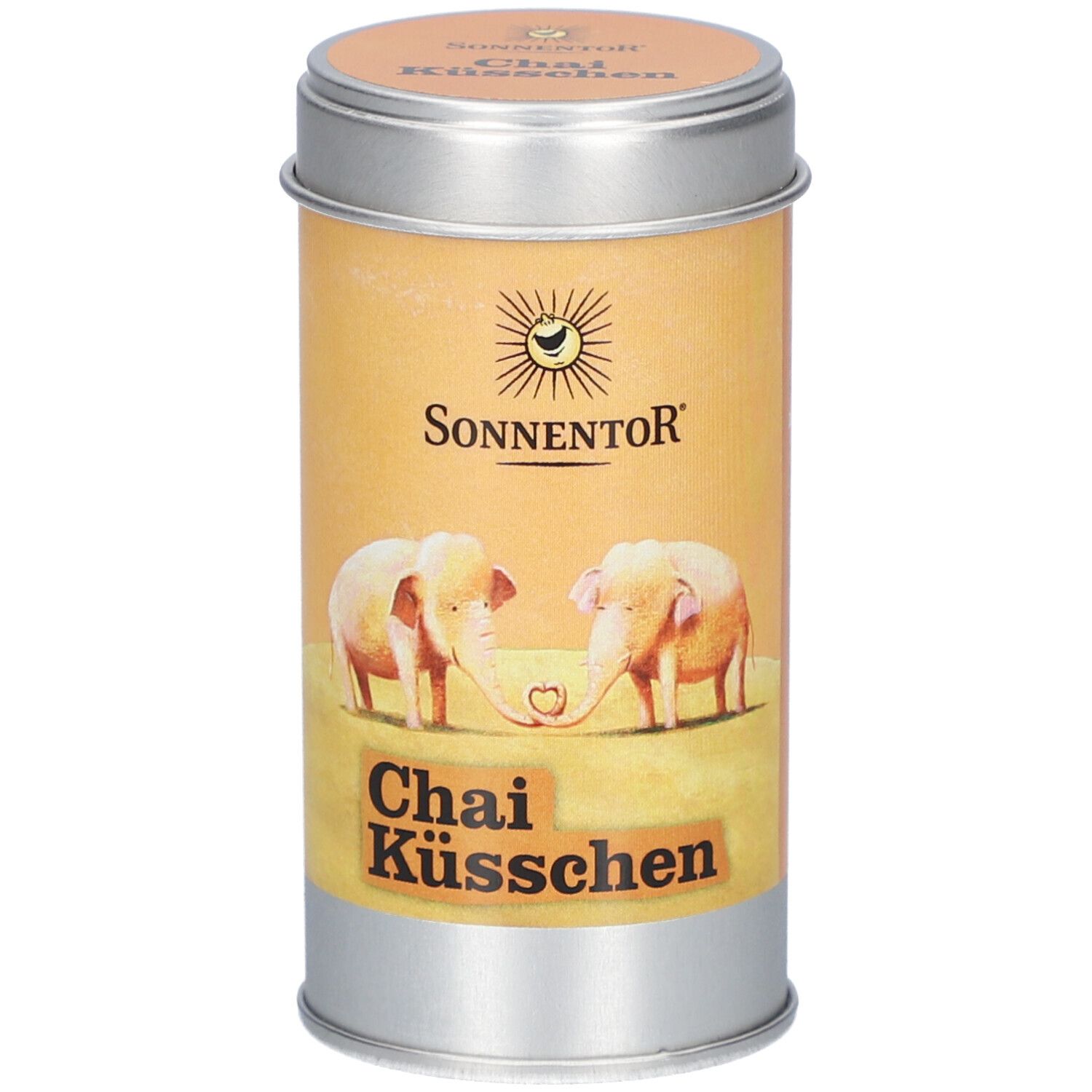 Zylindrische Dose mit Deckel. Aufdruck: Sonnentor, Chai Küsschen, zwei Elefanten. Bio-Qualität.