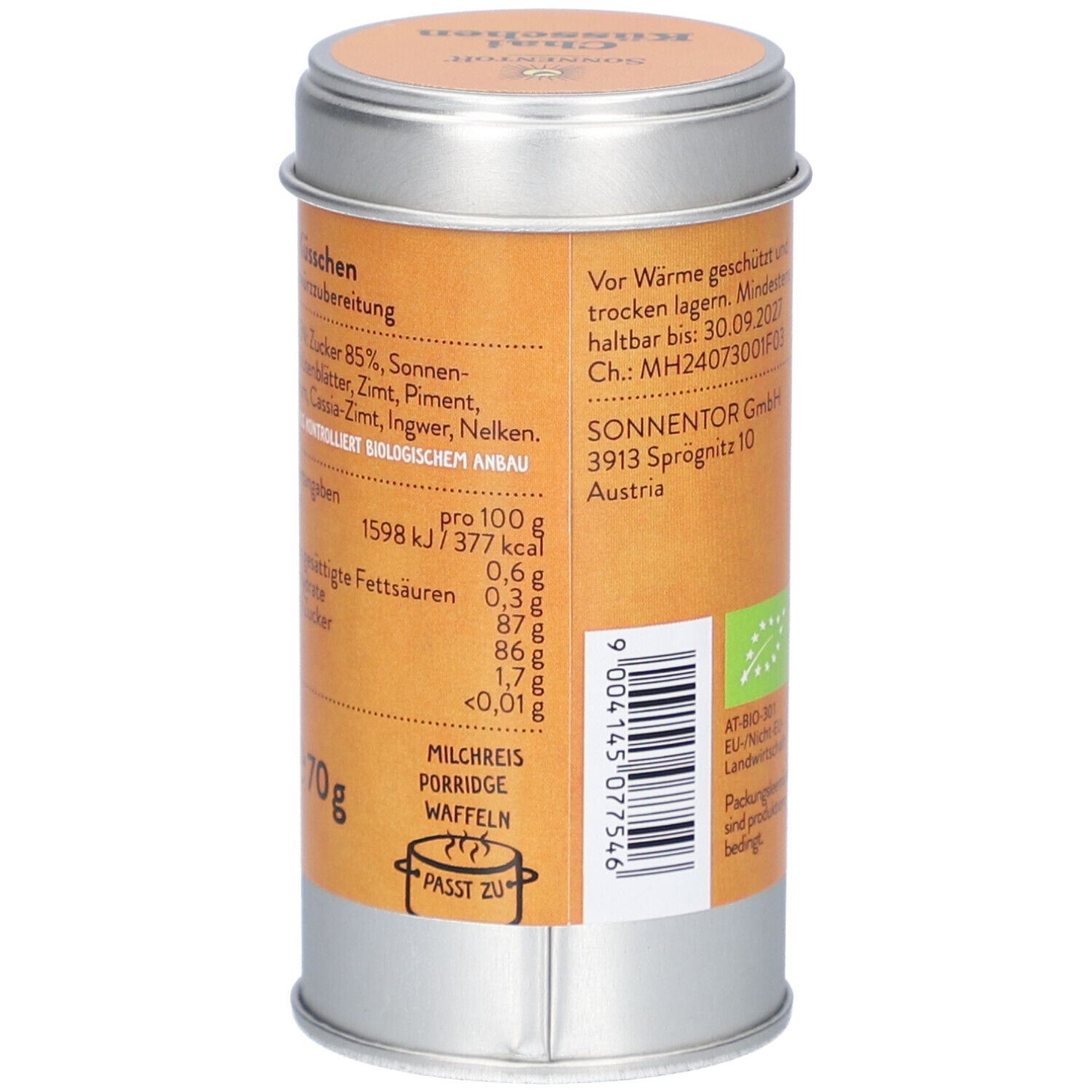 Zylindrische Dose, Detailansicht. Aufdruck: Nährwertangaben, Zutaten, Bio-Siegel. Inhalt: 70g.