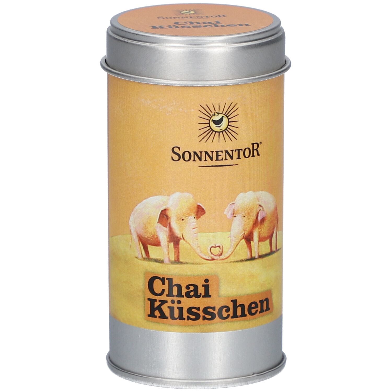 Zylindrische Dose mit Deckel. Aufdruck: Sonnentor, Chai Küsschen, zwei Elefanten. Bio-Qualität.